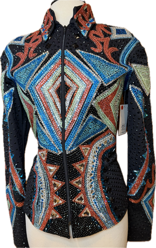 Large Black Showmanship Jacket with Coral, Mint and Aqua Accents