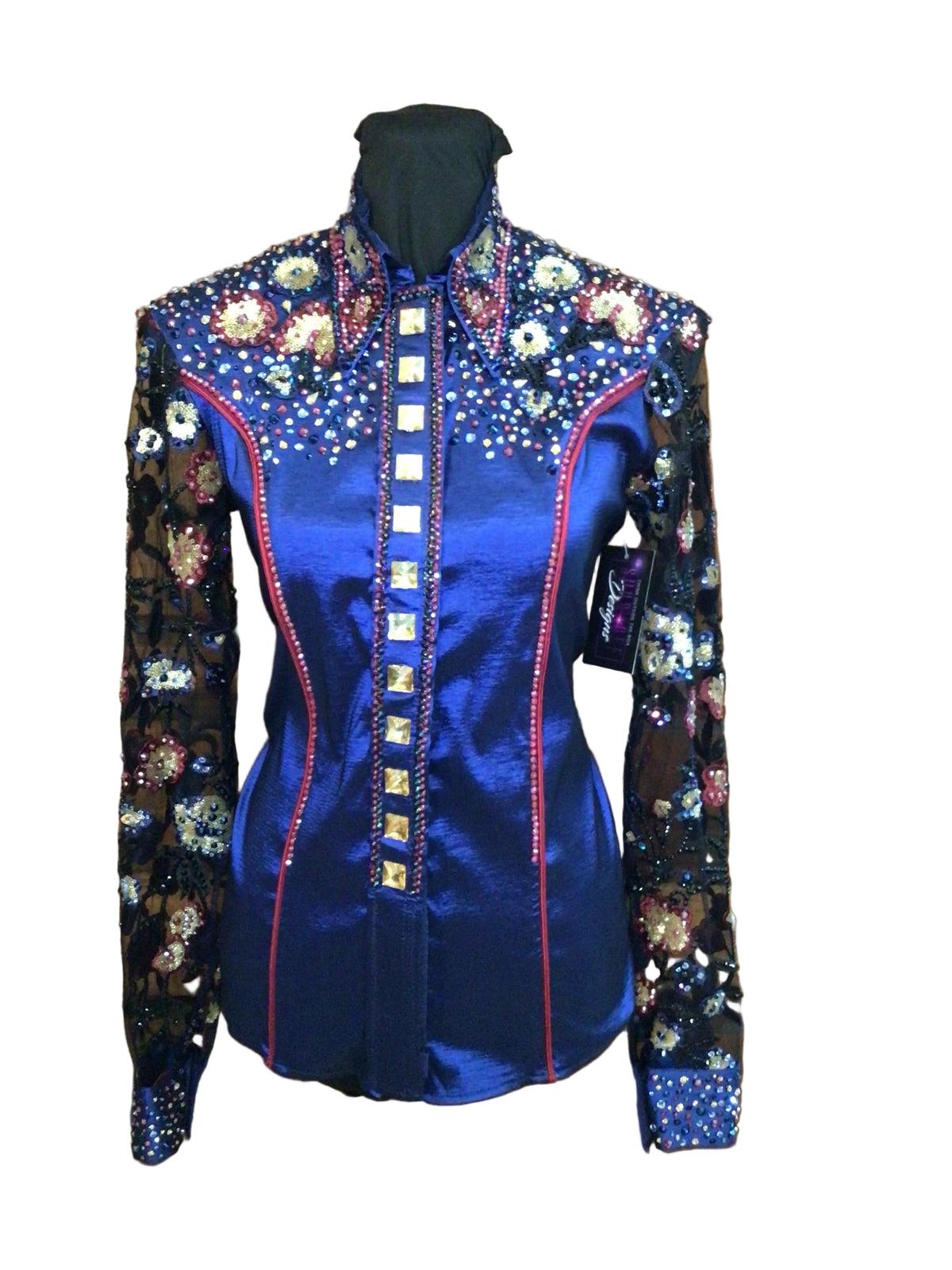Small Navy Blue Stretch Taffeta Day Shirt with Sheer Sleeve Floral Design