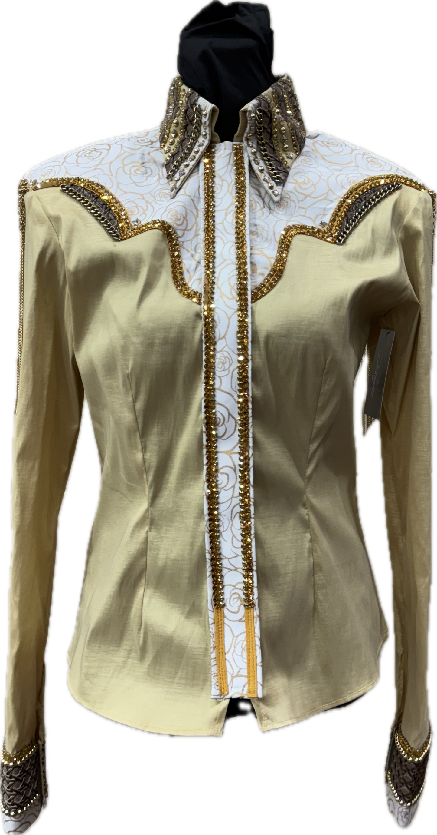Size Medium Gold Stretch Taffeta. Retro Floral Design with Gold Chain Fringe and Leather Accents