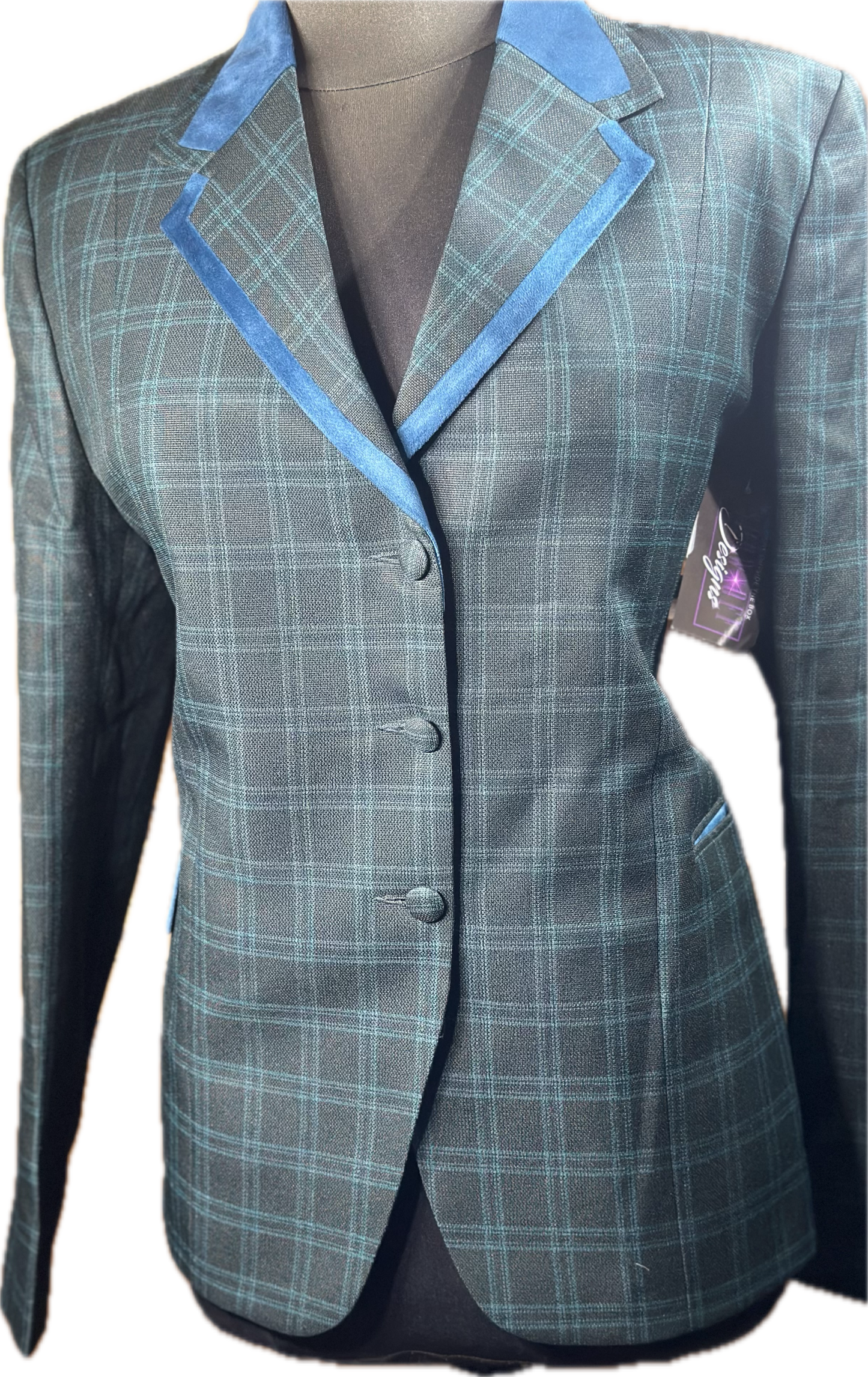 *40 Bust* Black and hunter green plaid with velvet trims with hidden zipper behind the buttons.