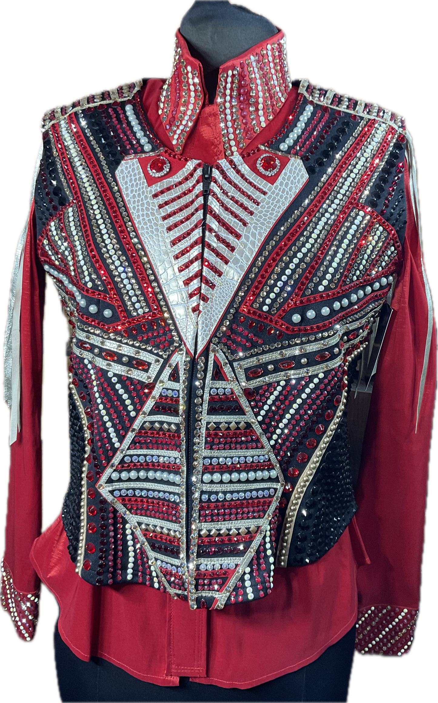 Size Large vest set. Red day shirt with black vest with red, gold and white accents. Detachable fringe. GORGEOUS!