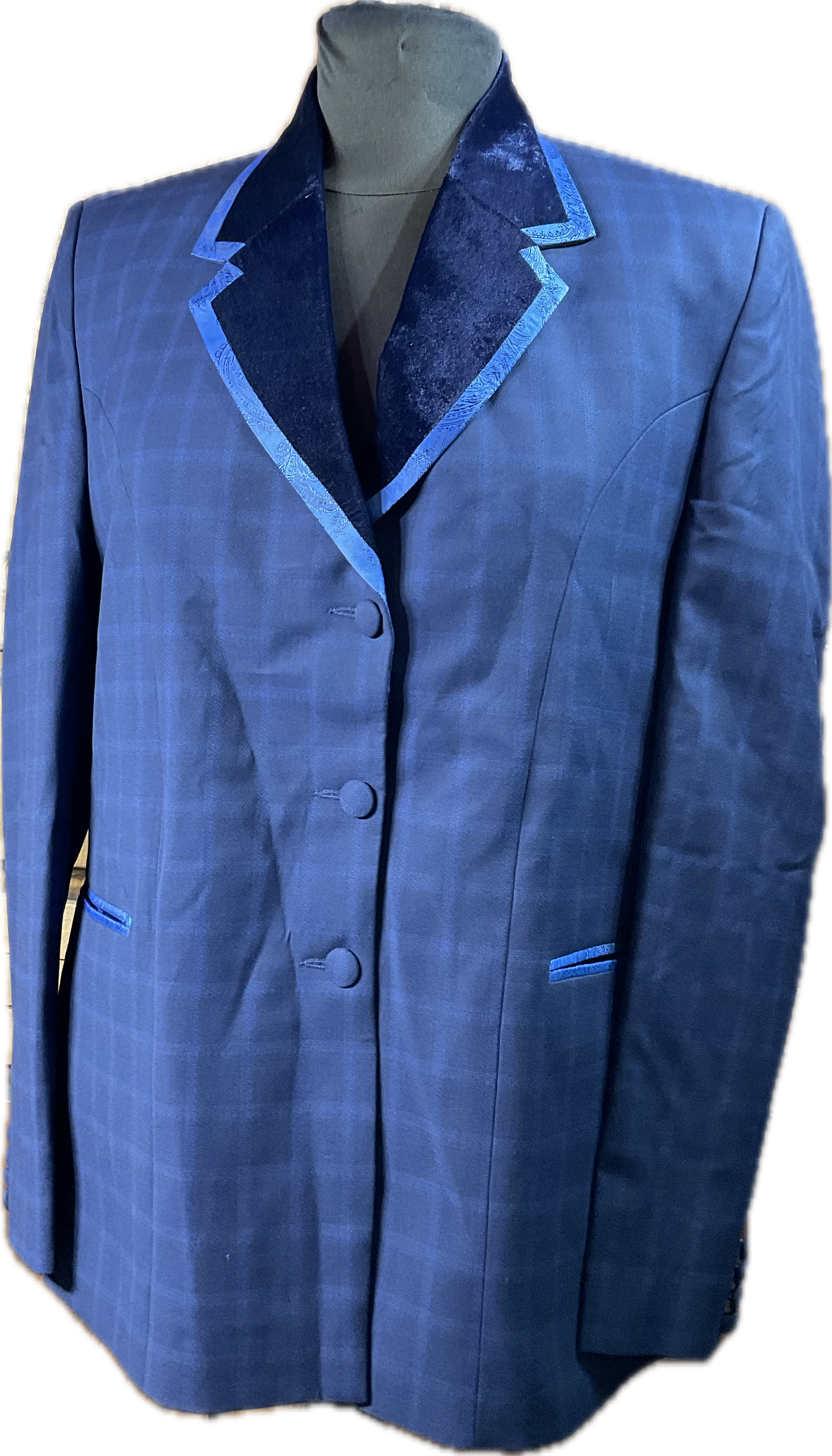 *44 Bust* Halter Coat* Navy and royal blue plaid with satin paisley trims. Hidden zipper behind the buttons.