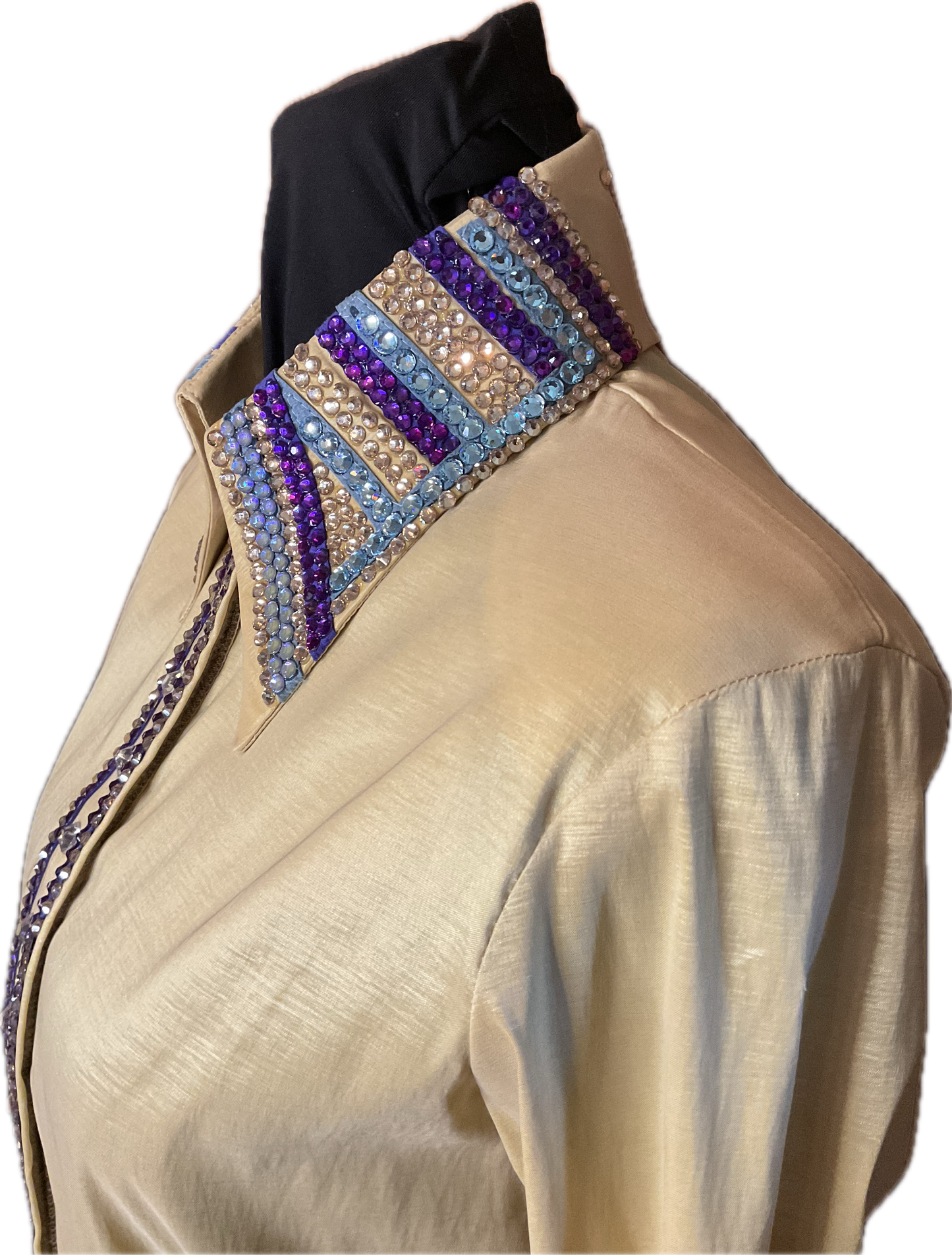 Size Medium Gold Stretch Taffeta Day Shirt with Aqua, Purple, and Silver