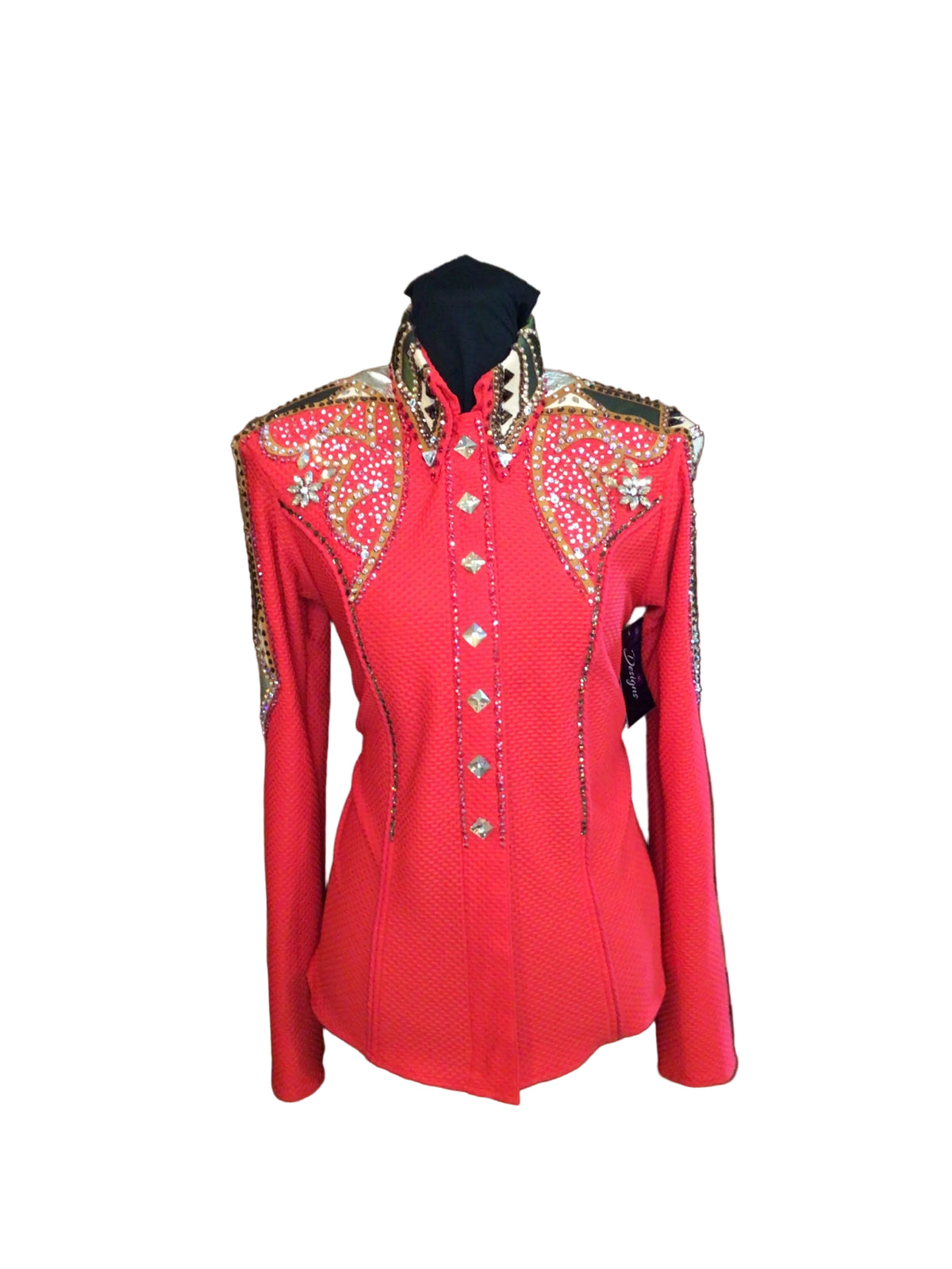 Medium Red Textured Stretch Lycra with Green and Silver Shoulder and Sleeve Details
