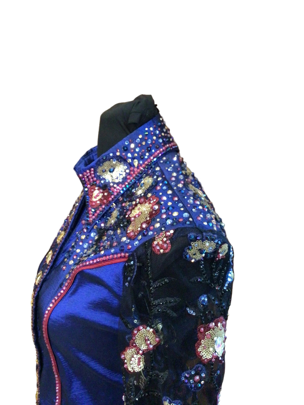 Small Navy Blue Stretch Taffeta Day Shirt with Sheer Sleeve Floral Design