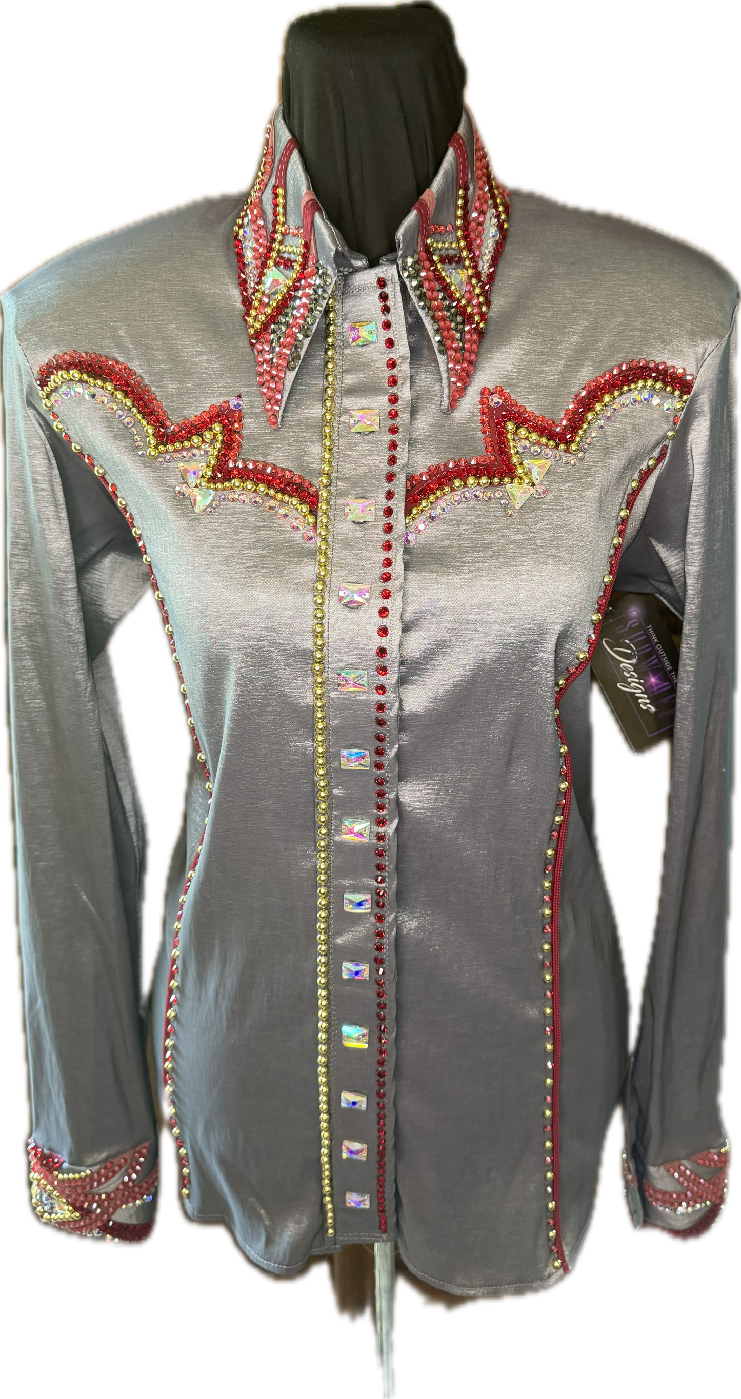 Large Stretch Taffeta Day Shirt Charcoal with Burnt Red and Gold Retro Designs