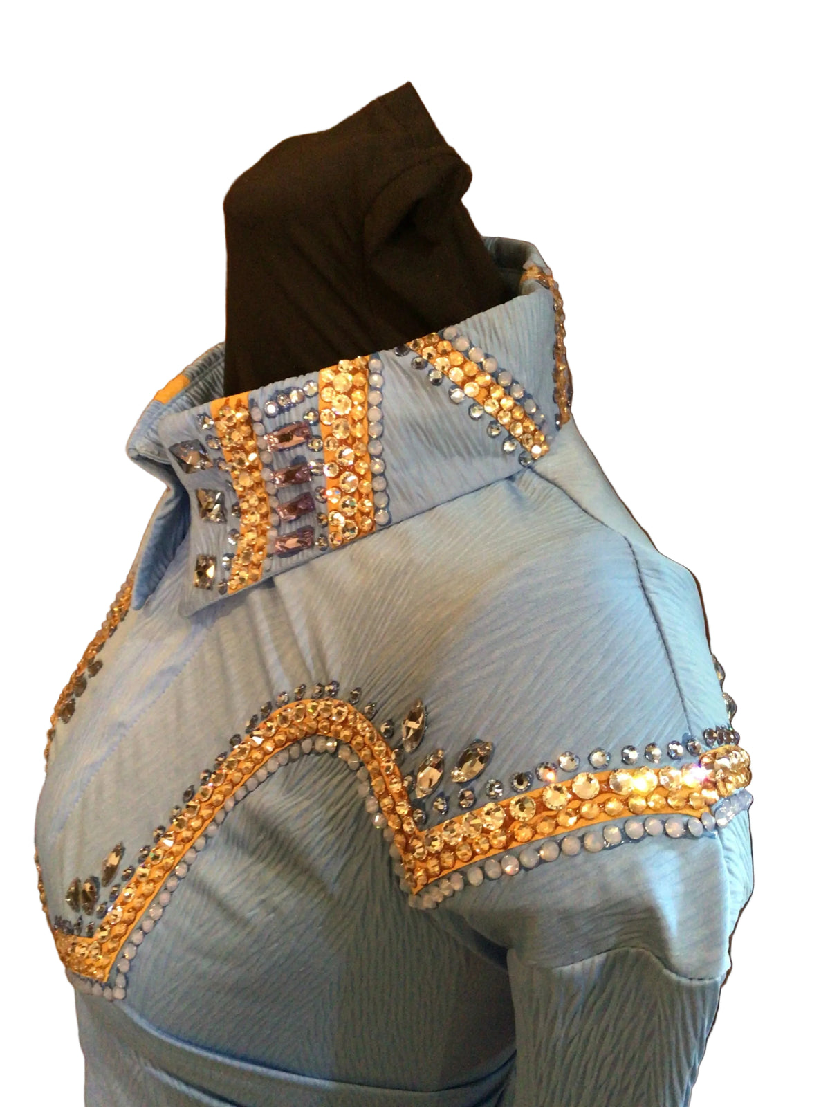 XL Light Blue Textured Stretch Lycra Day Shirt with Gold and Silver Details