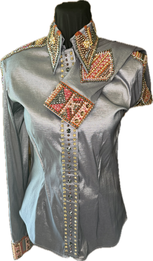 Medium Charcoal Grey Stretch Taffeta Day Shirt with Peach and Rust