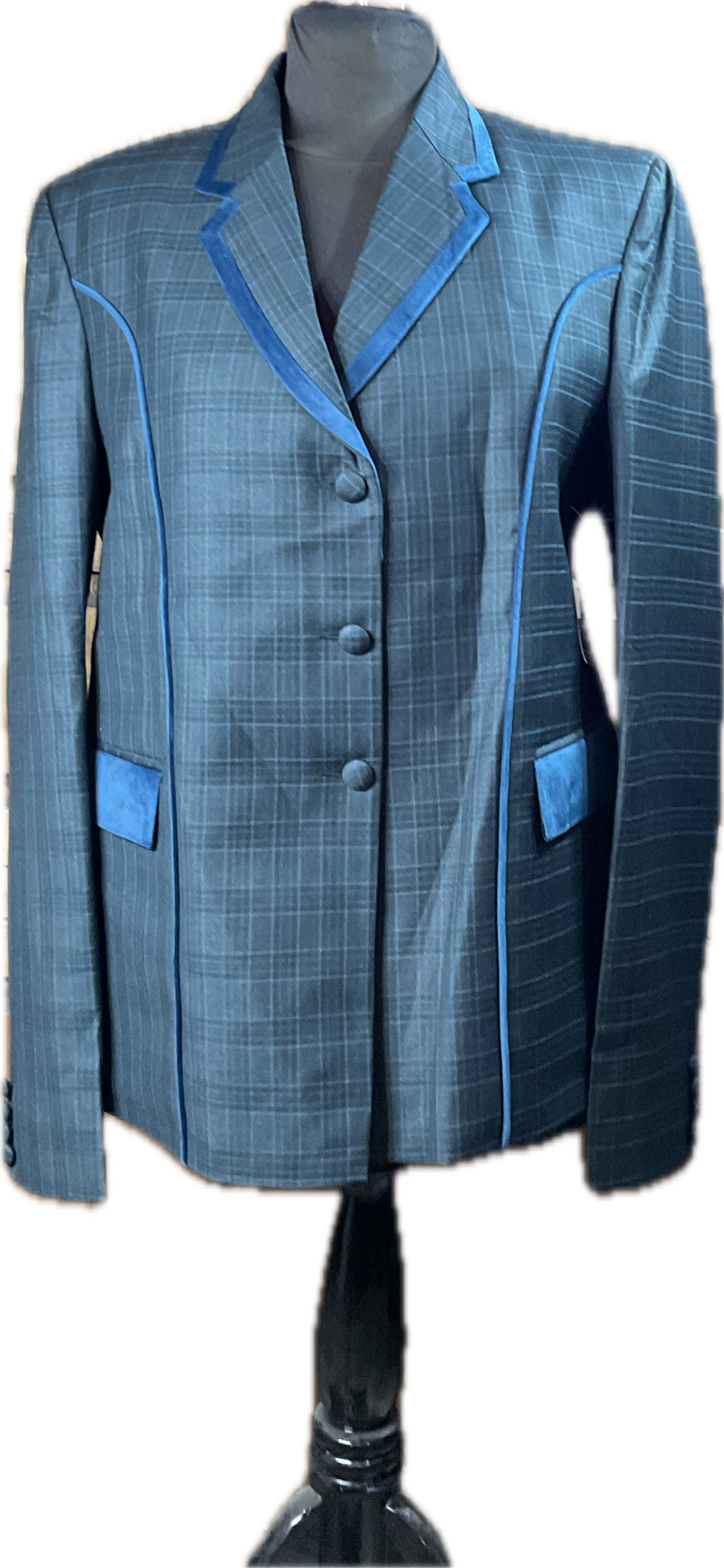 *40 Bust* Halter Coat* Hunter green and navy plaid with matching velvet trims. Hidden zipper behind the buttons