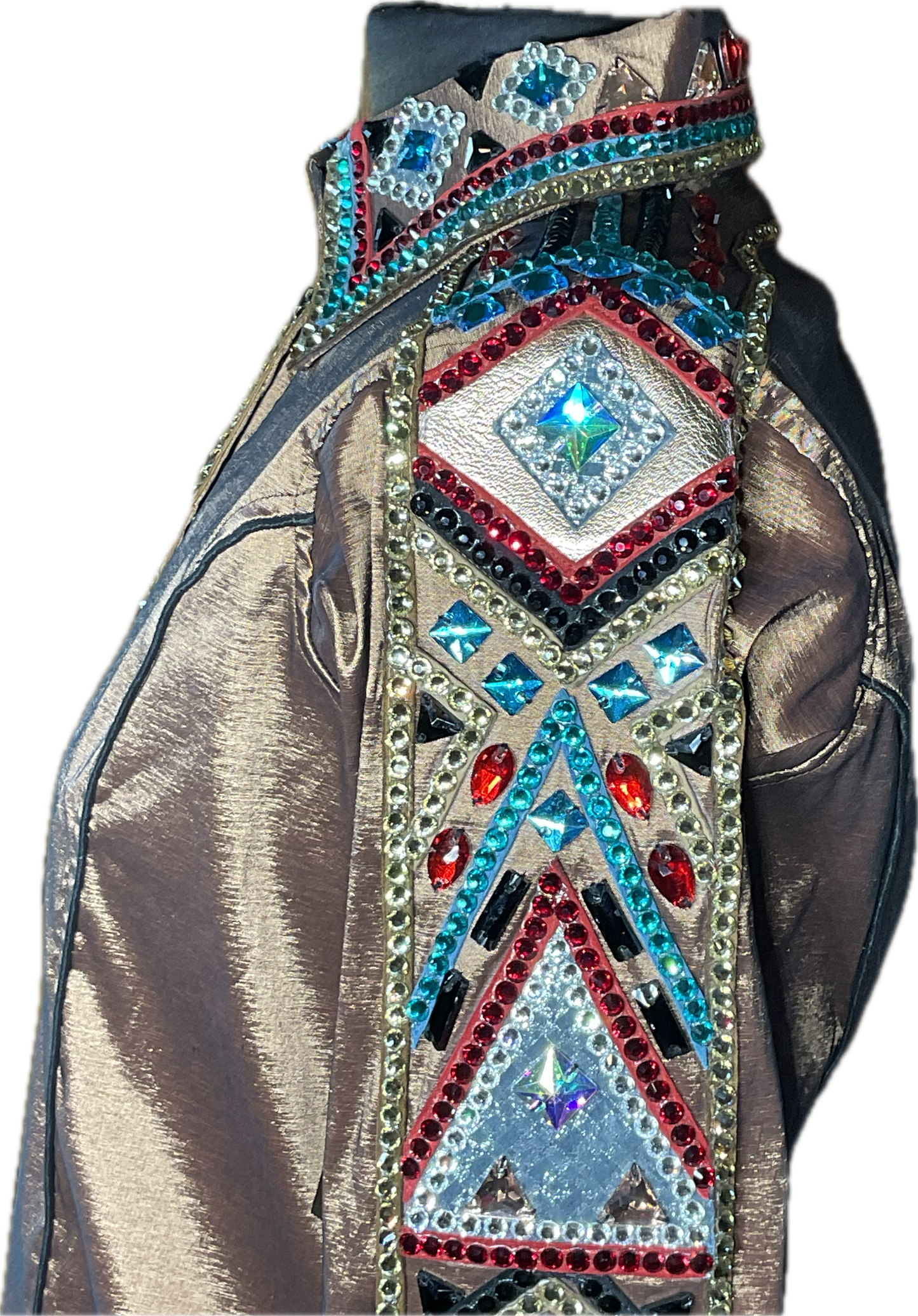 Size Large Brown Stretch Taffeta Day Shirt With Black, Gold, Red and Aqua Blue Accents