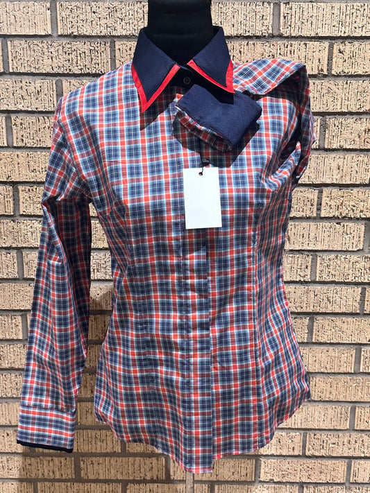 western shirt size large blue and red plaid with navy red trims
