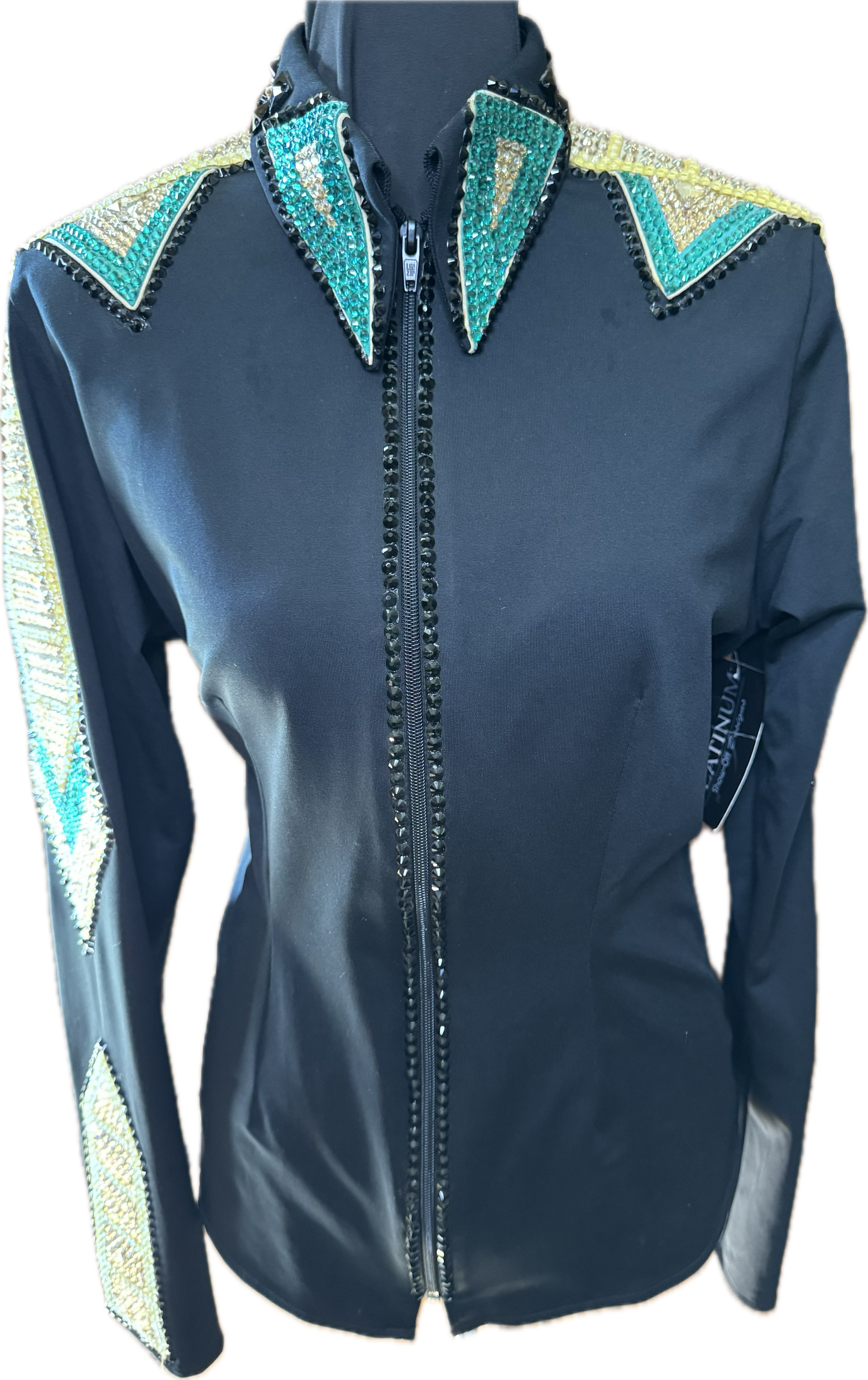 Size Large black stretch day shirt with yellow and teal