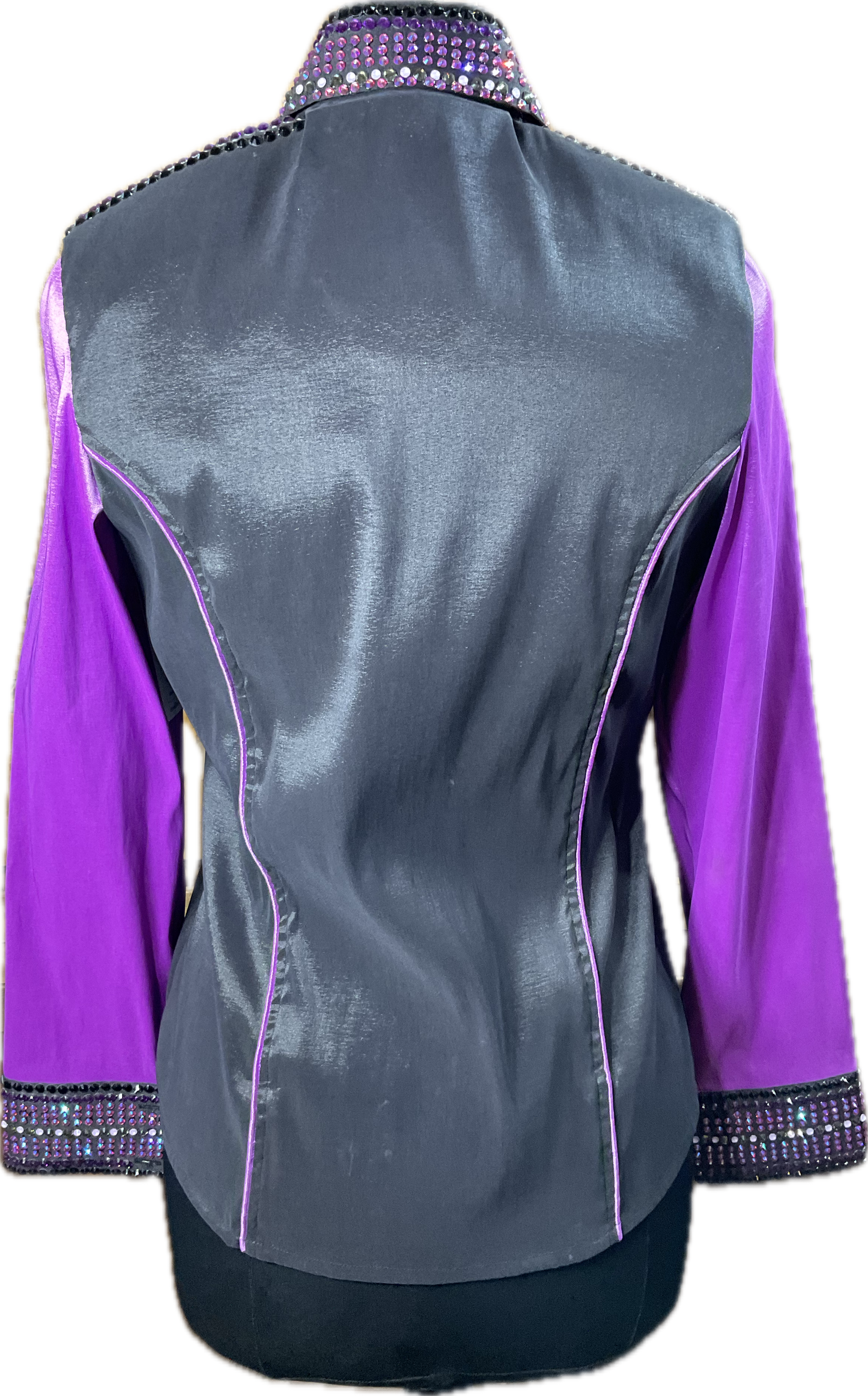 Medium black stretch taffeta day shirt with purple sleeves