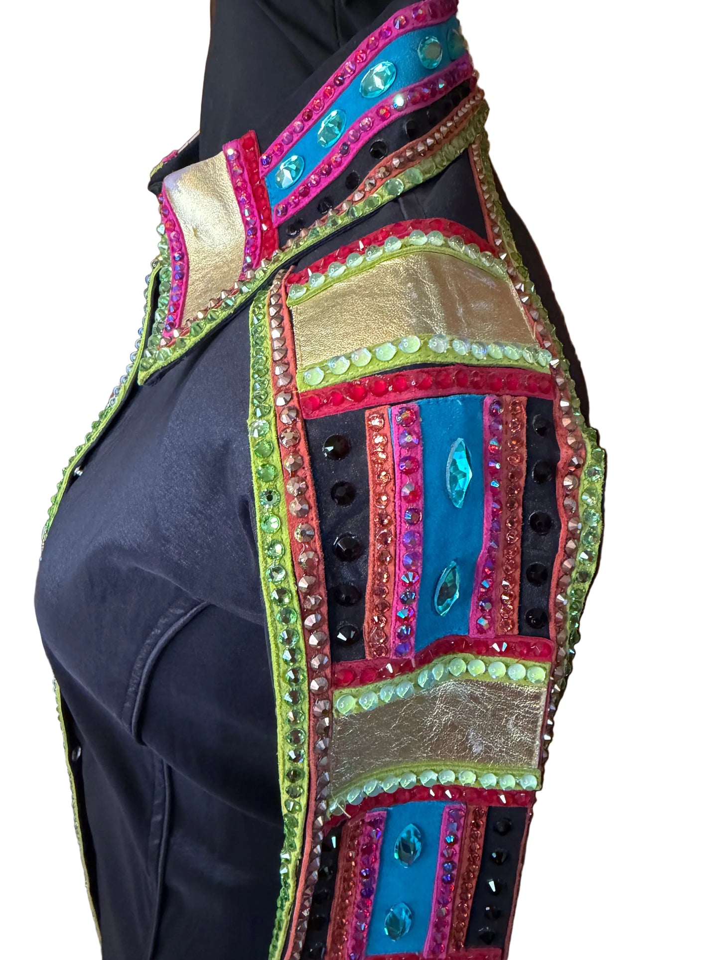 Large Black Stretch Taffeta with Pink, Gold and Turquoise