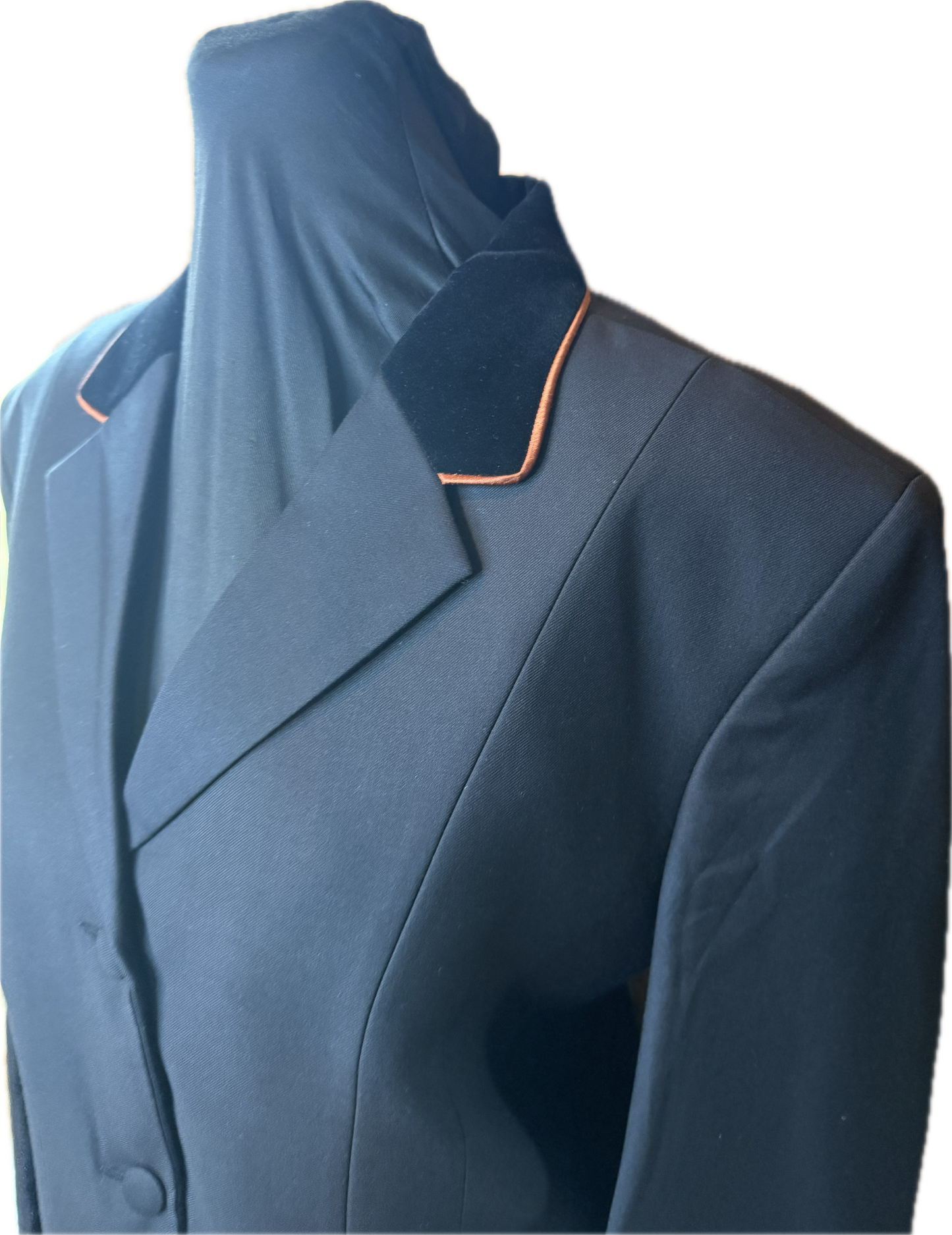 *42 Bust* Black with Black Velvet Collar and Rust Piping
