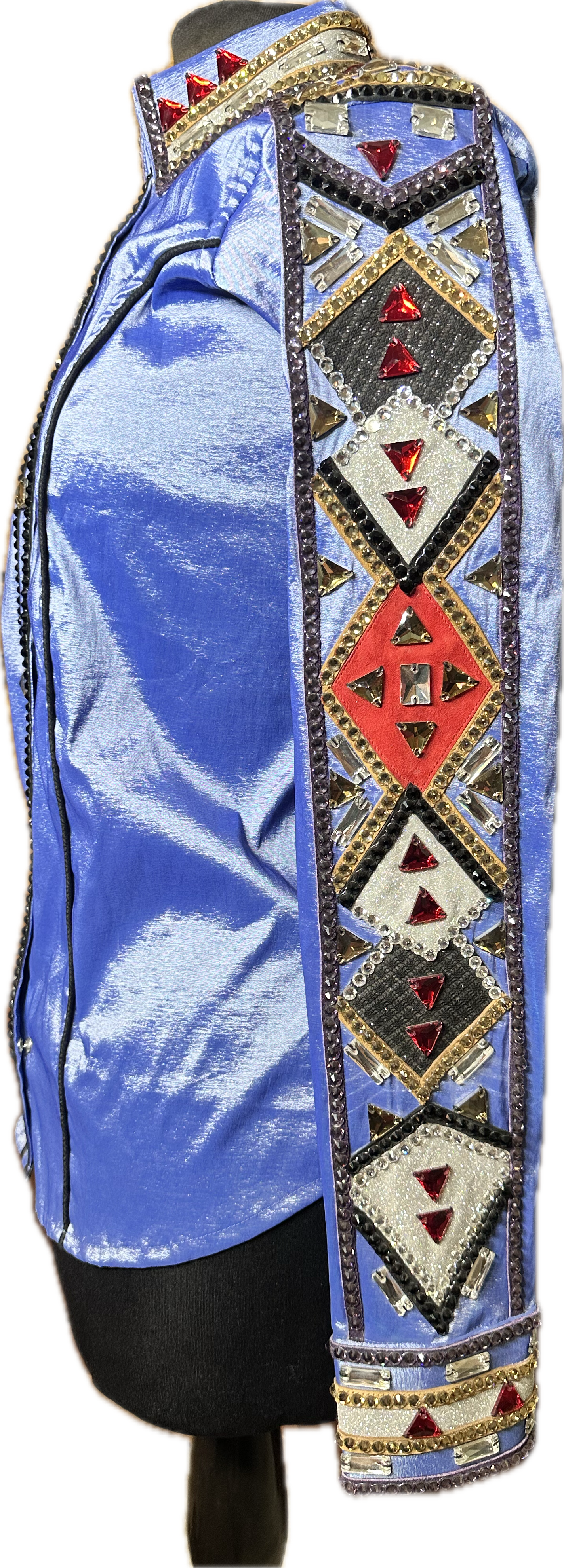 Size Large Denim Stretch Taffeta with Black, Silver, Red and Gold