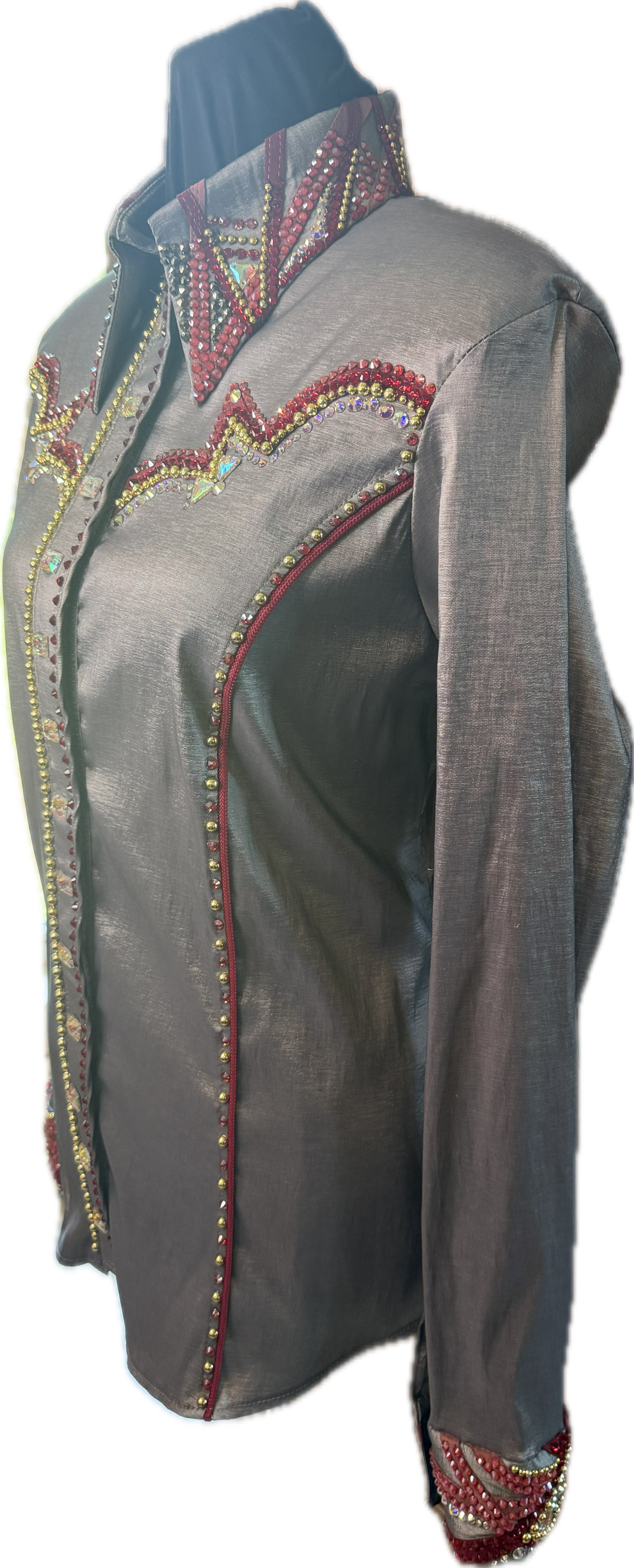 Large Stretch Taffeta Day Shirt Charcoal with Burnt Red and Gold Retro Designs