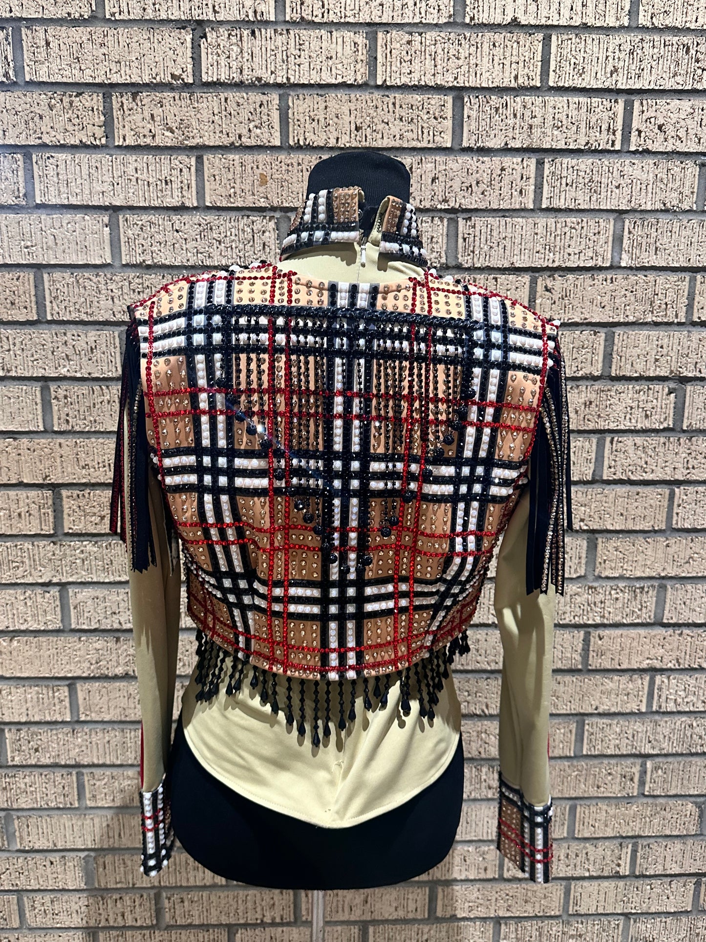 Extra Small Gold, and red plaid Bollero Vest WITH DETACHABLE FRINGE. back fringe and bottom fringe