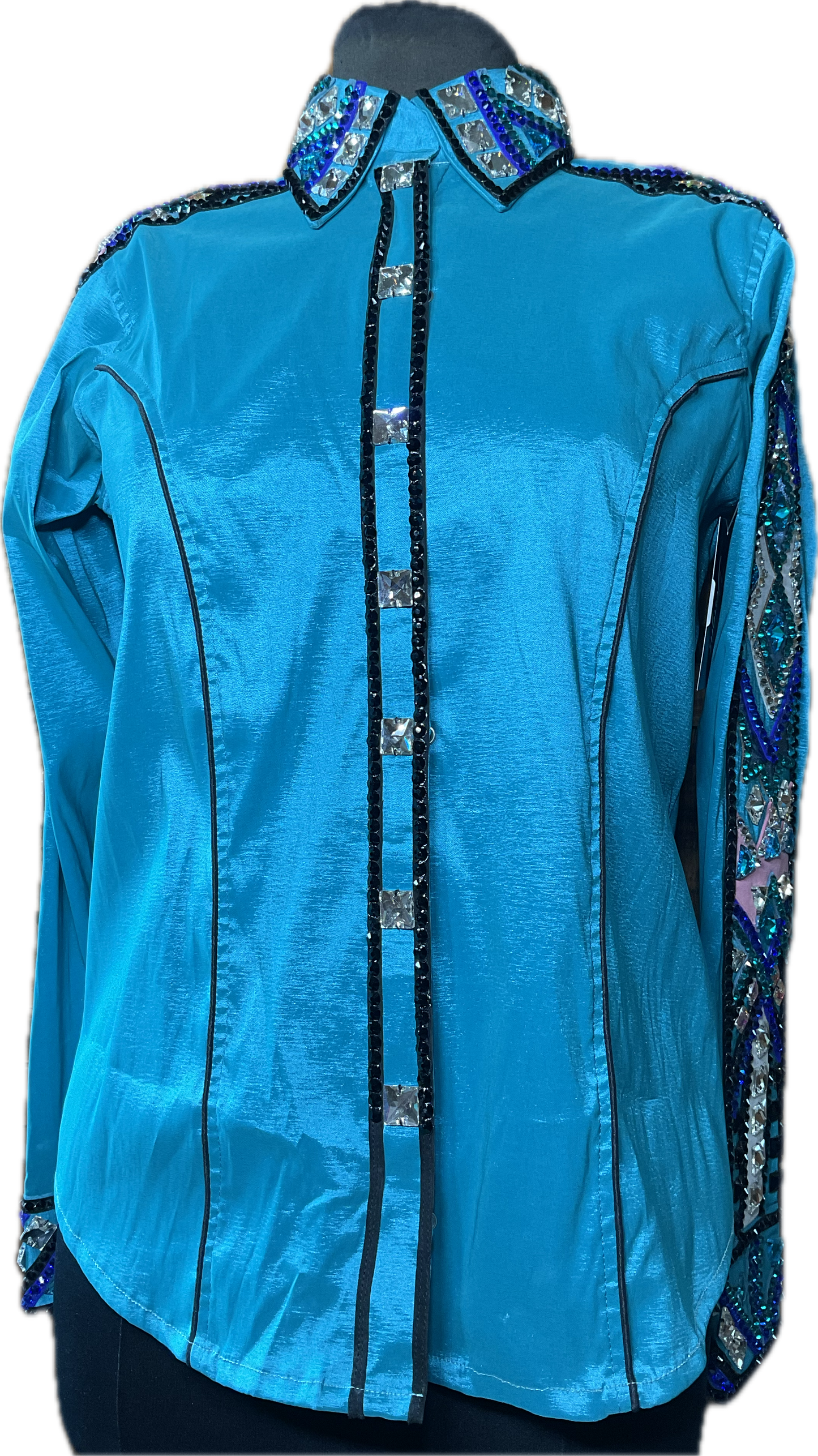 Size Large Bright Turquoise Stretch Taffeta Day Shirt With Royal Blue, Pink and Clear Accents