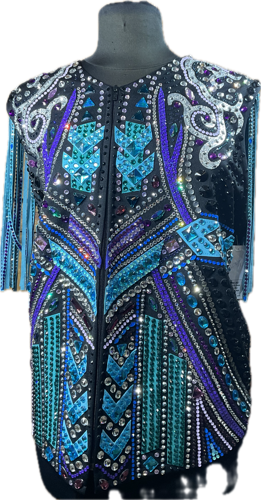 Size XXL black vest with detachable shoulder fringe. Teal, turquoise, purples and white accents.