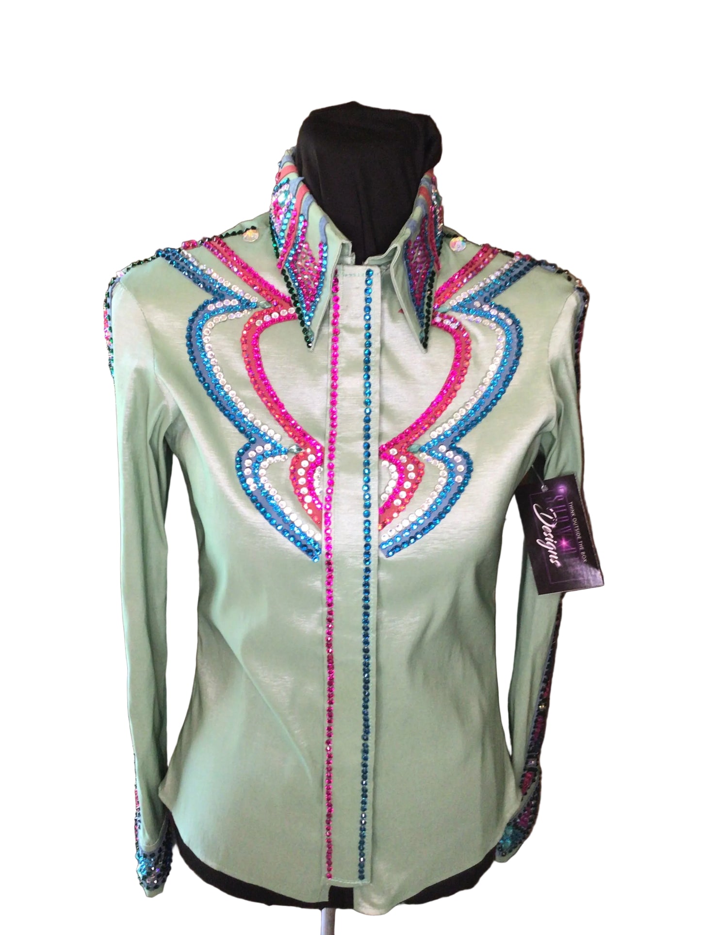 XS Sage Green Stretch Taffeta Day Shirt with Pink and Teal Crystals