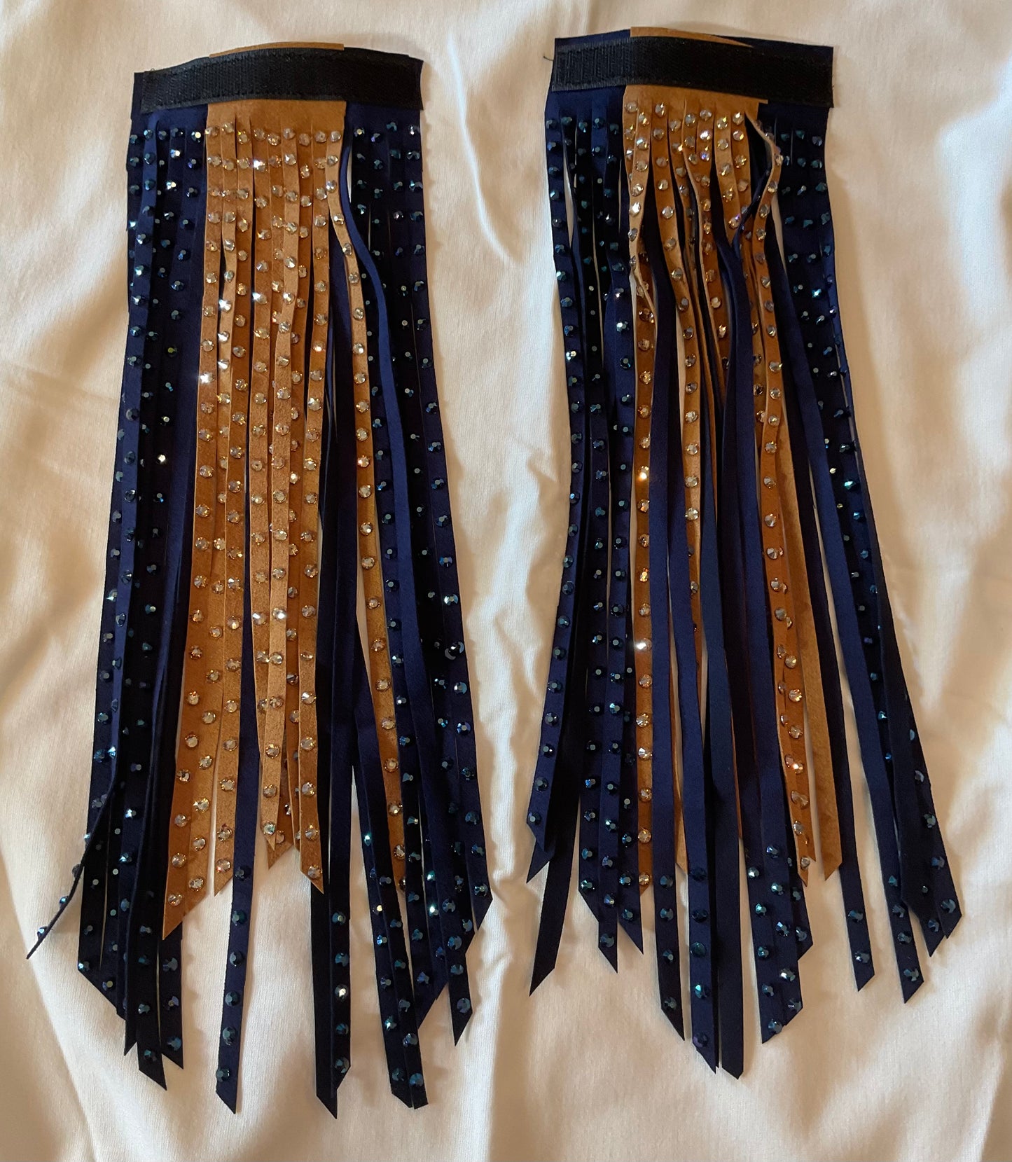 Size XXL navy vest with dark gold matching shirt and detachable fringe. Shades of blue, red, white, turquoise and gold accents