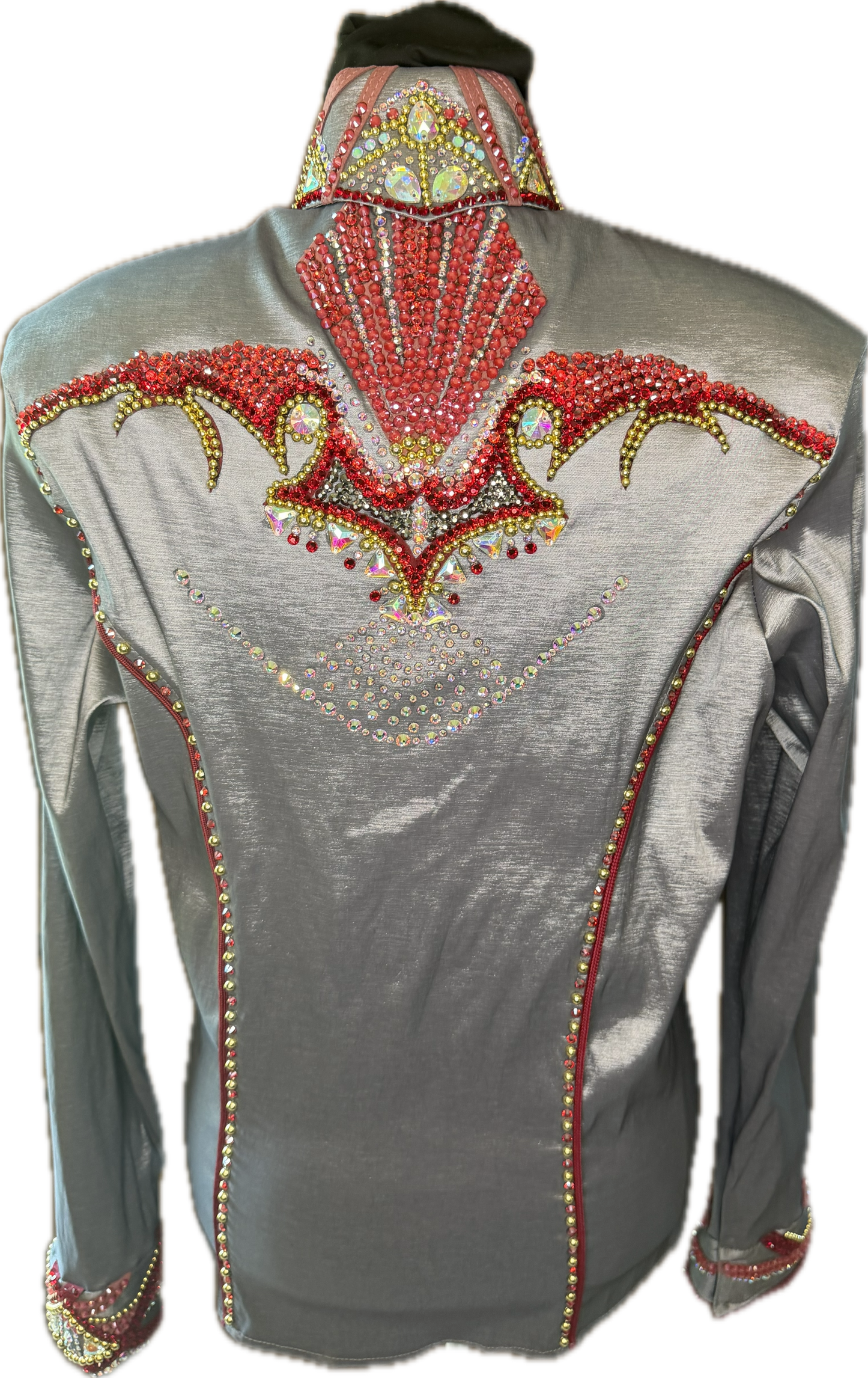 Large Stretch Taffeta Day Shirt Charcoal with Burnt Red and Gold Retro Designs