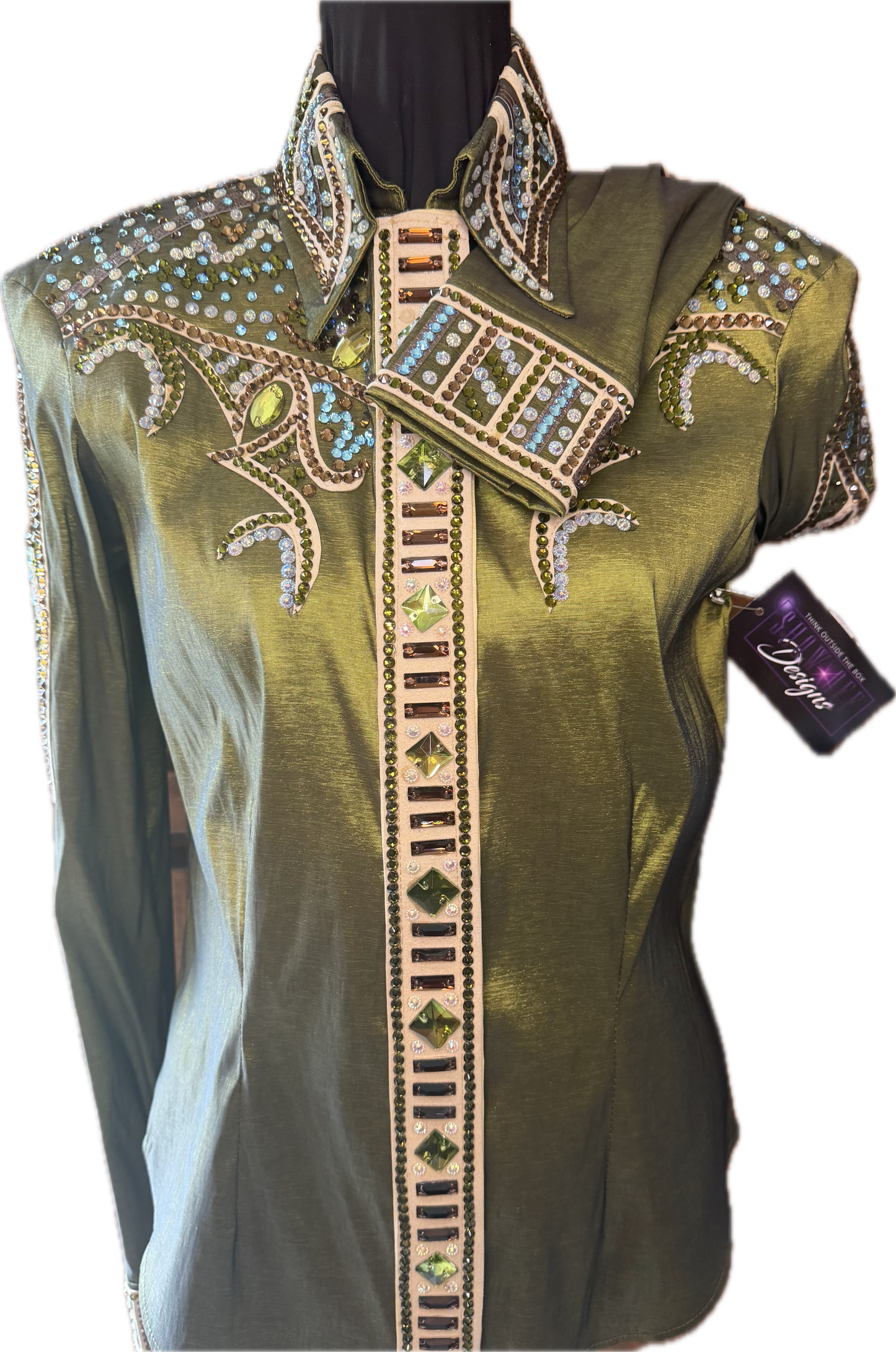 Medium Show Olive Green Stretch Taffeta Day Shirt Retro Design