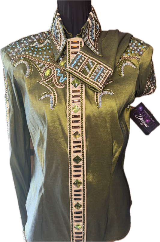 Medium Show Olive Green Stretch Taffeta Day Shirt Retro Design