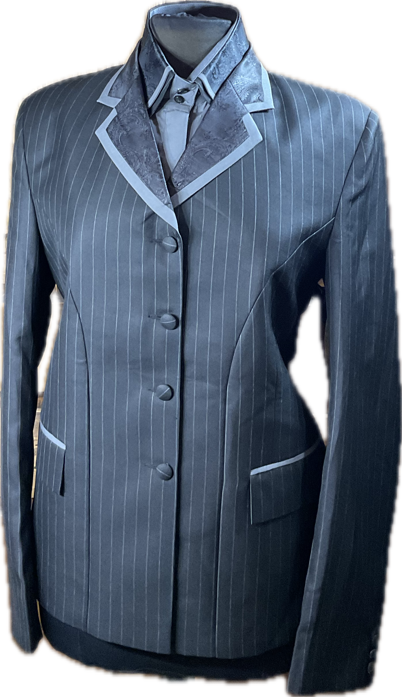 *42 Bust* Black and white pinstripe with matching grey shirt with hidden zippers