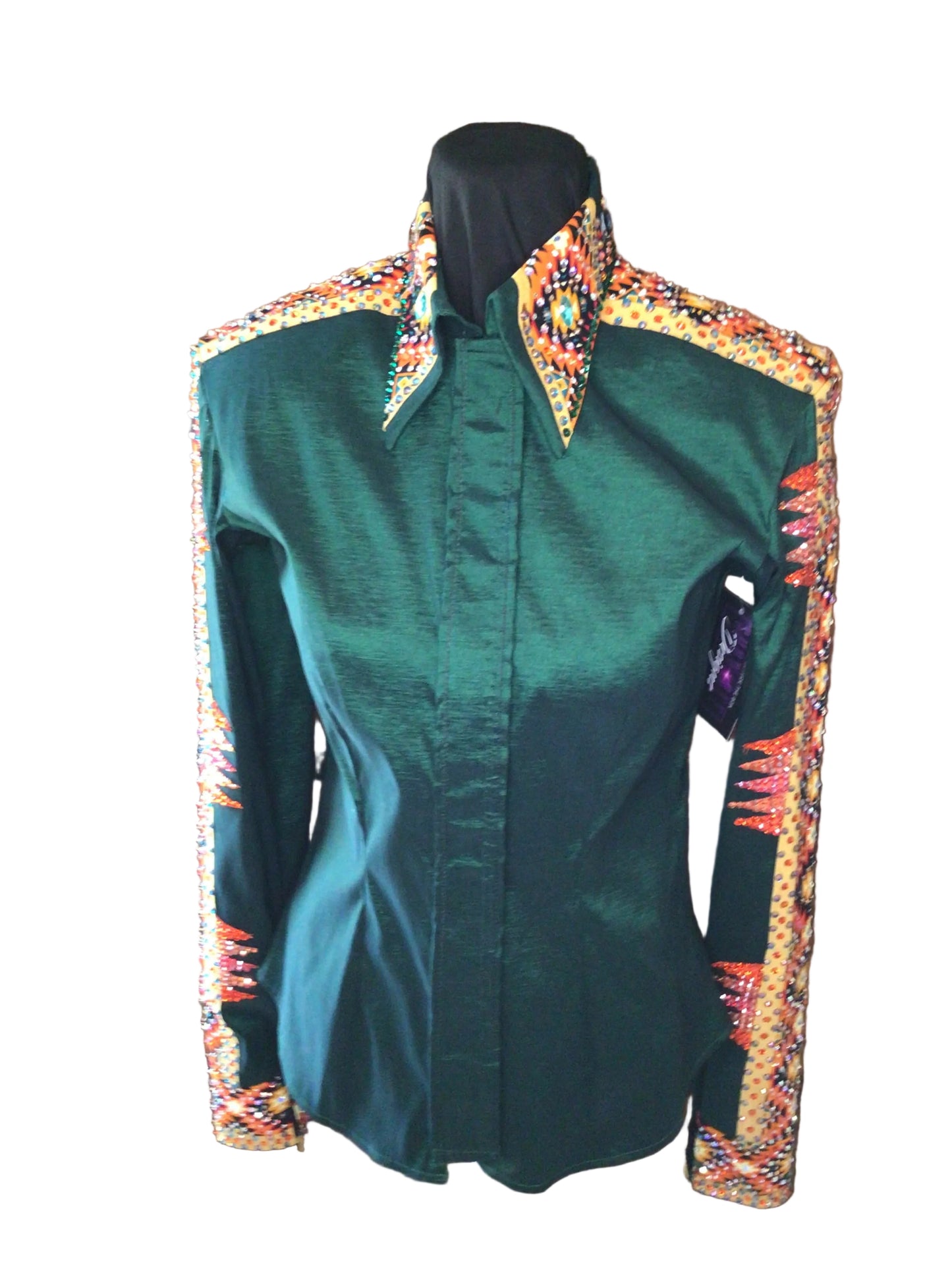 Medium Hunter Green Stretch Taffeta with Aztec Shoulder and Sleeves
