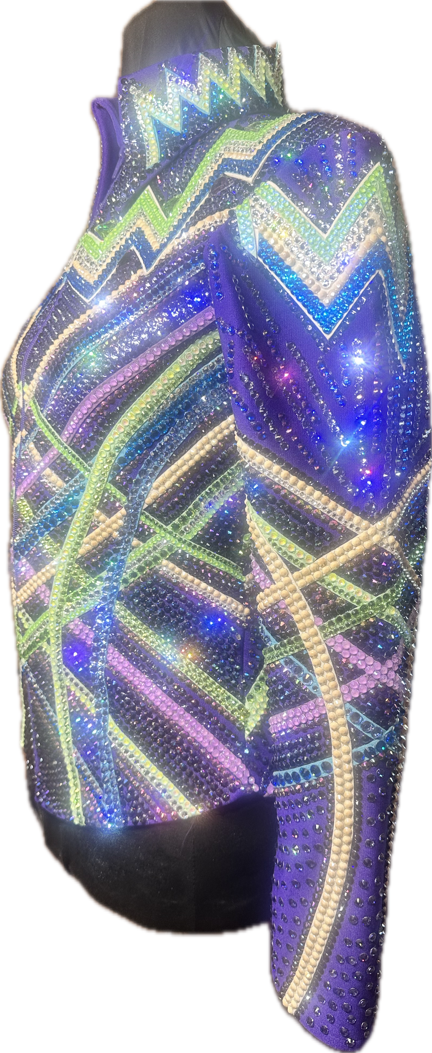 Kids Purple Showmanship Jacket with Pants. Blue, Green and Cream