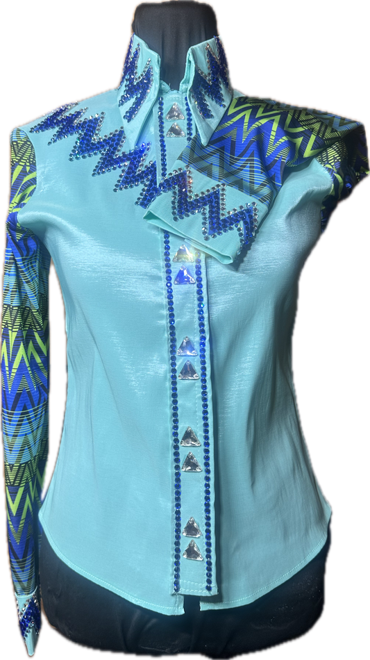 Extra Small Mint Green with Retro Design and Printed Lycra Sleeves. Royal Blue and Clear.