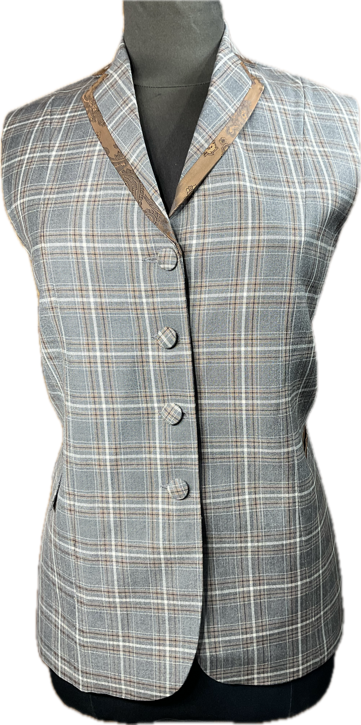 *42 Bust* Grey, brown and cream plaid with brown paisley trims