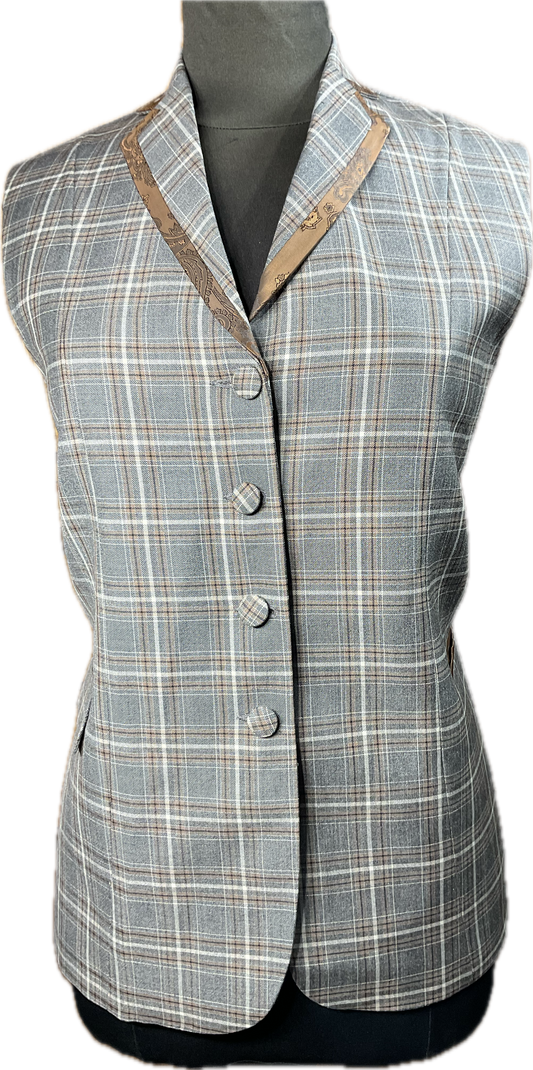 *42 Bust* Grey, brown and cream plaid with brown paisley trims