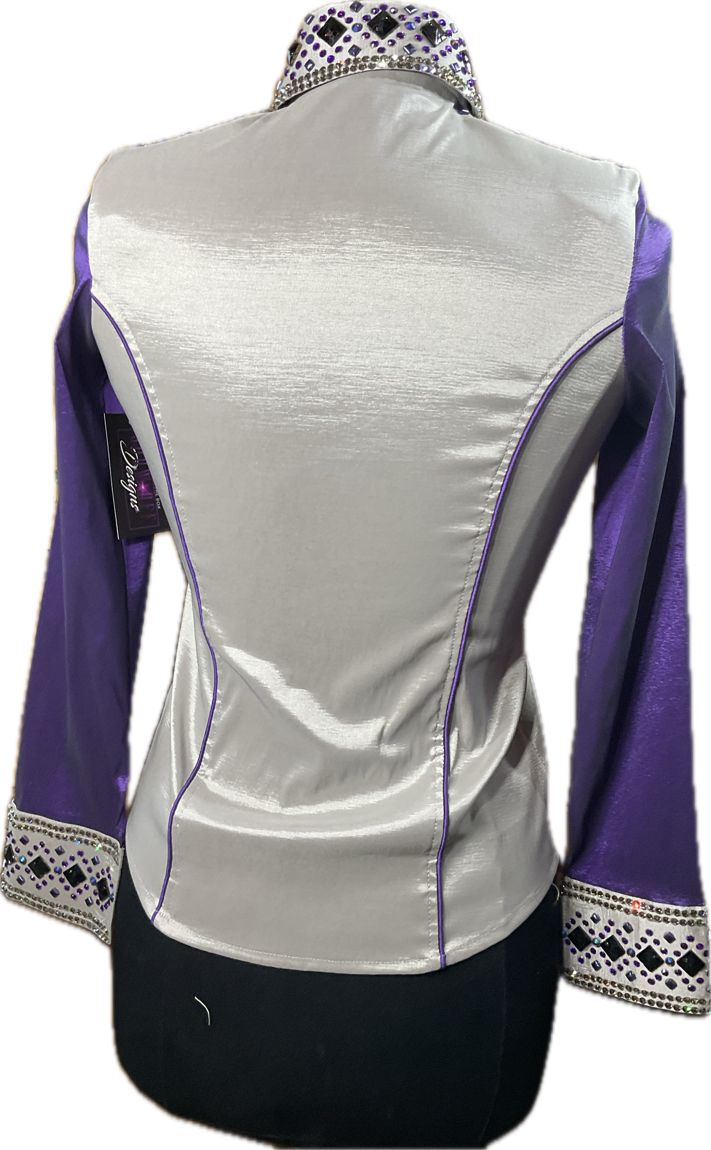 Size small grey stretch taffeta with purple sleeves and accents