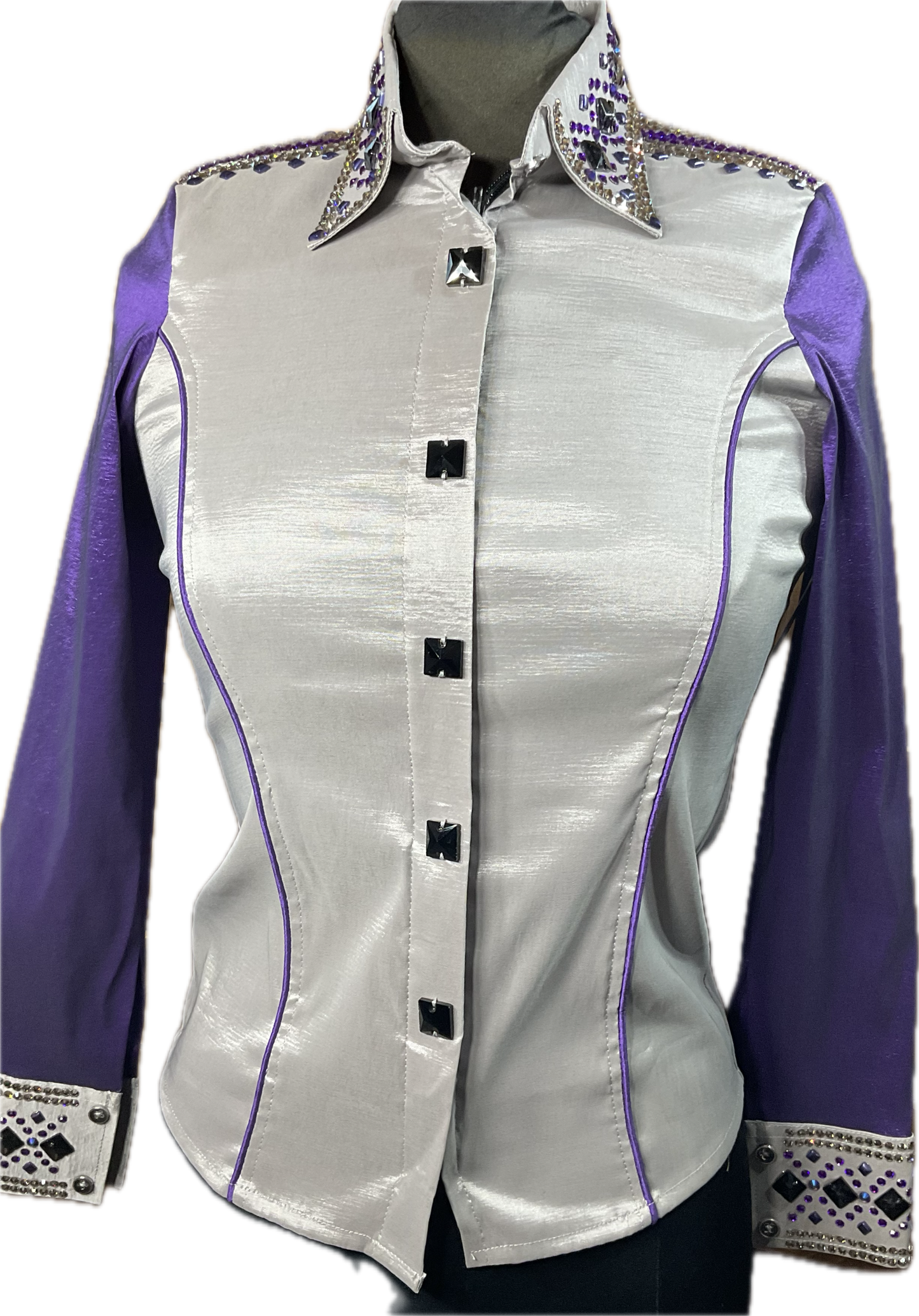 Size small grey stretch taffeta with purple sleeves and accents