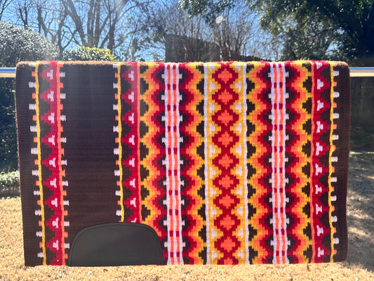 B122 Oversized Saddle Blanket chocolate brown, yellow, orange, show red, white