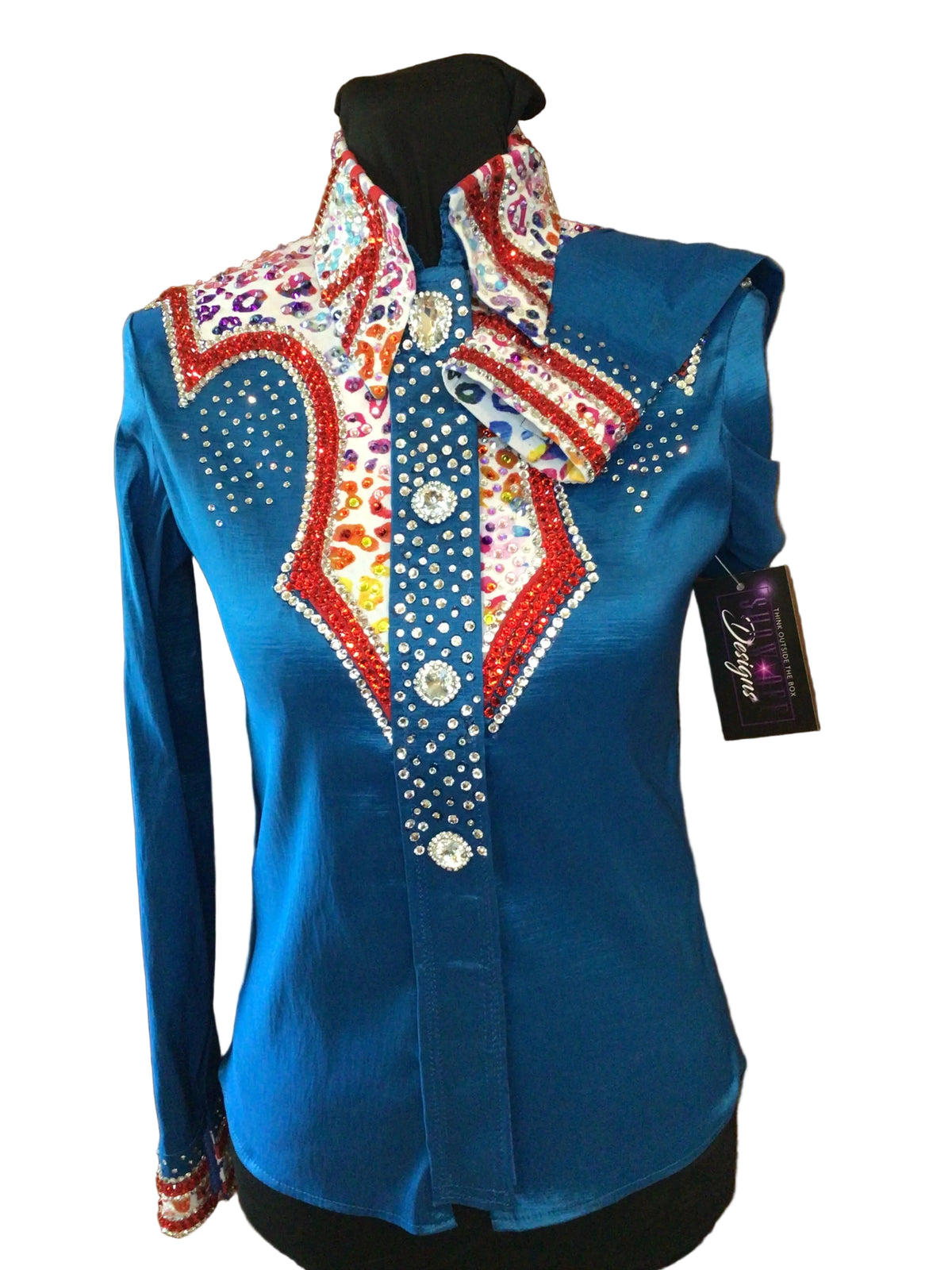 XS Turquiose Stretch Taffeta Day Shirt with Colorful Leopard Print Red Details