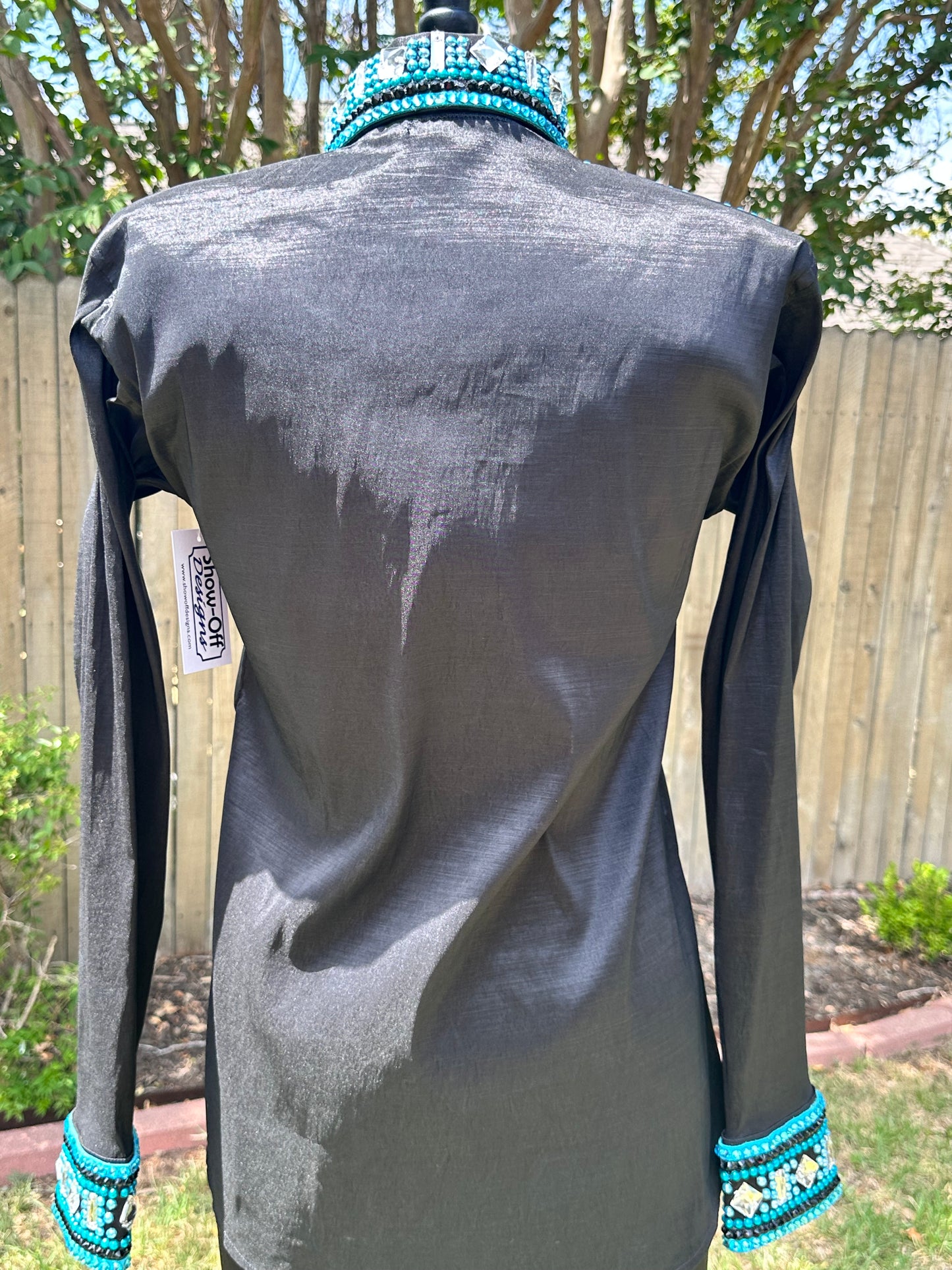 Size medium day shirt black and aqua blue hidden zipper stretch taffeta