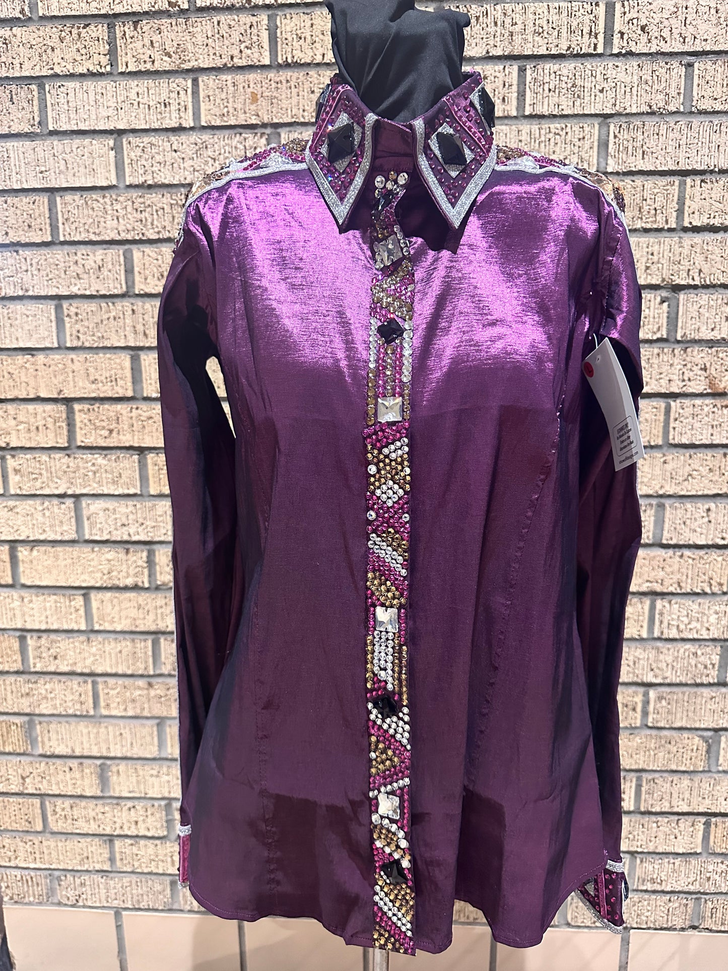 Size Large plum day shirt stretch taffeta with silver and gold