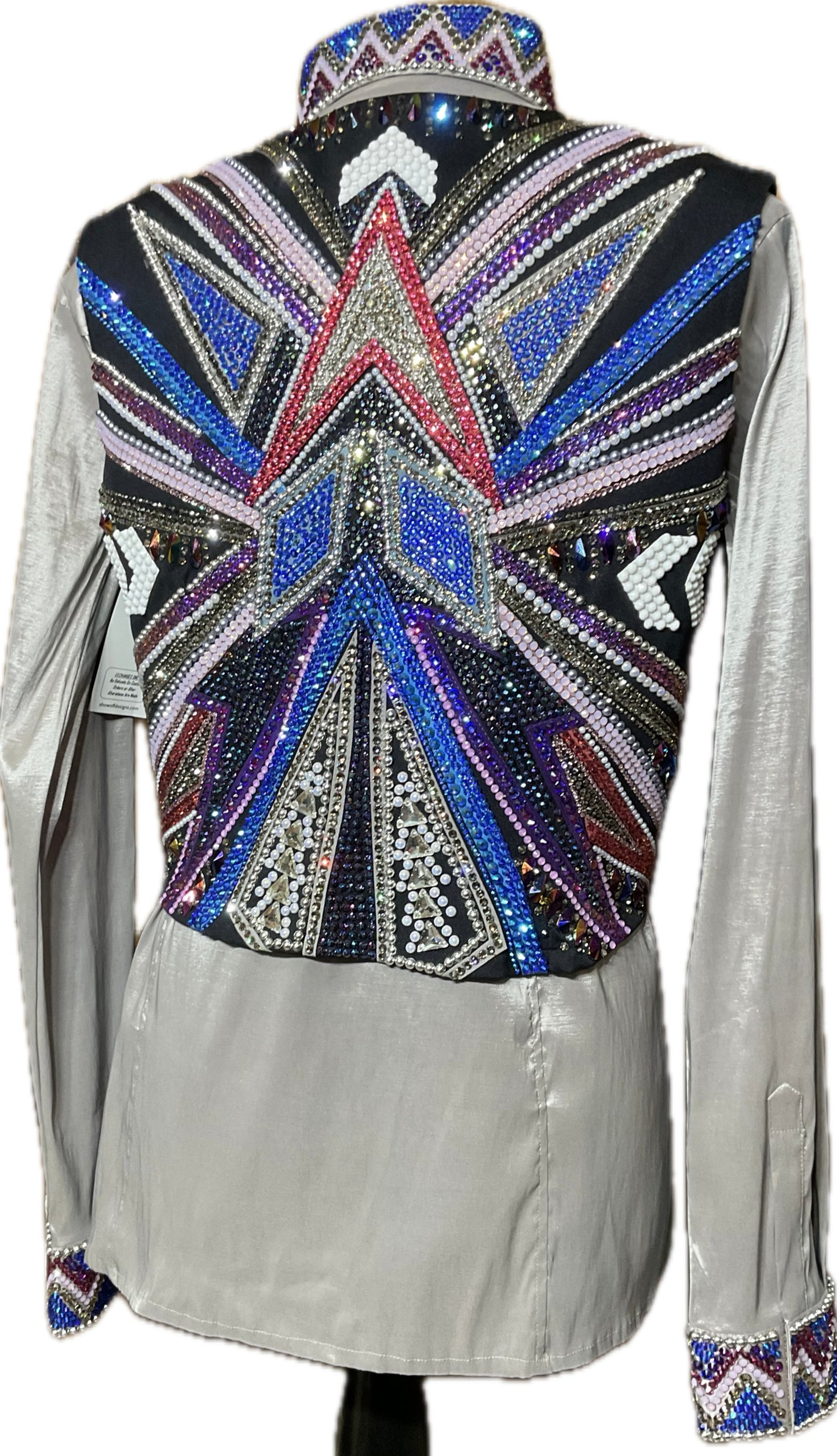 Size XXL black vest set with purples and blues. Detachable shoulder fringe and matching silver stretch taffeta day shirt