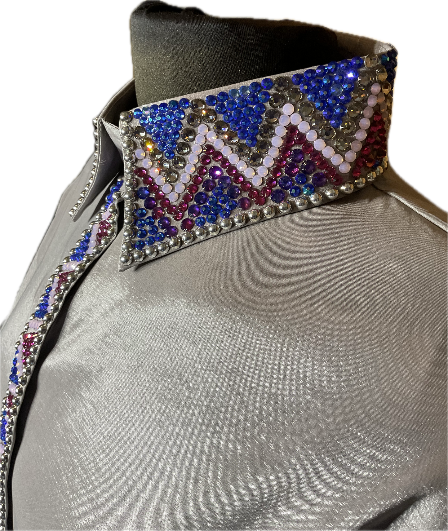 Size XXL black vest set with purples and blues. Detachable shoulder fringe and matching silver stretch taffeta day shirt