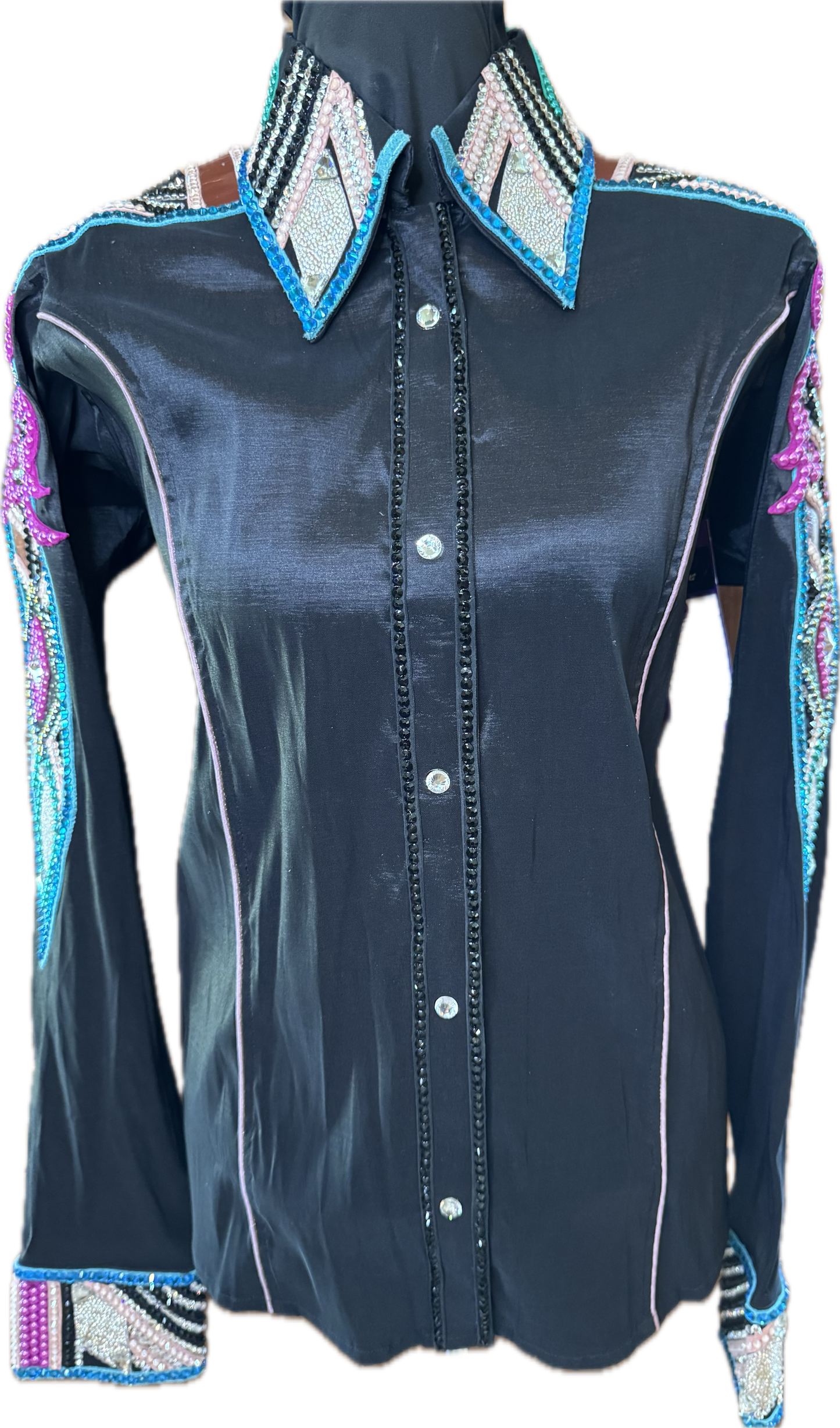 XL Black Stretch Taffeta with Turquoise, Teal, Pink and Mauve Accents