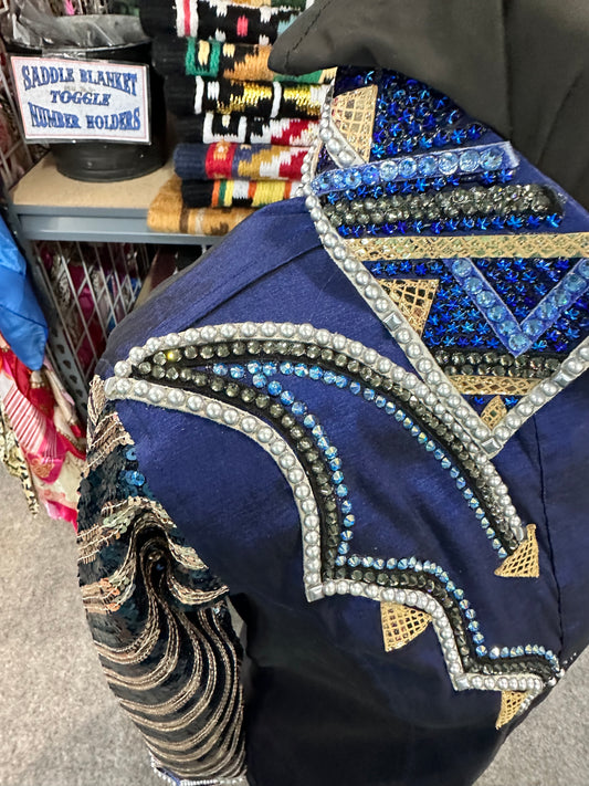 Day Shirt  Size Medium cobalt blue stretch taffeta base with hidden zipper. gold and white accents. Gorgeous sequin sleeves