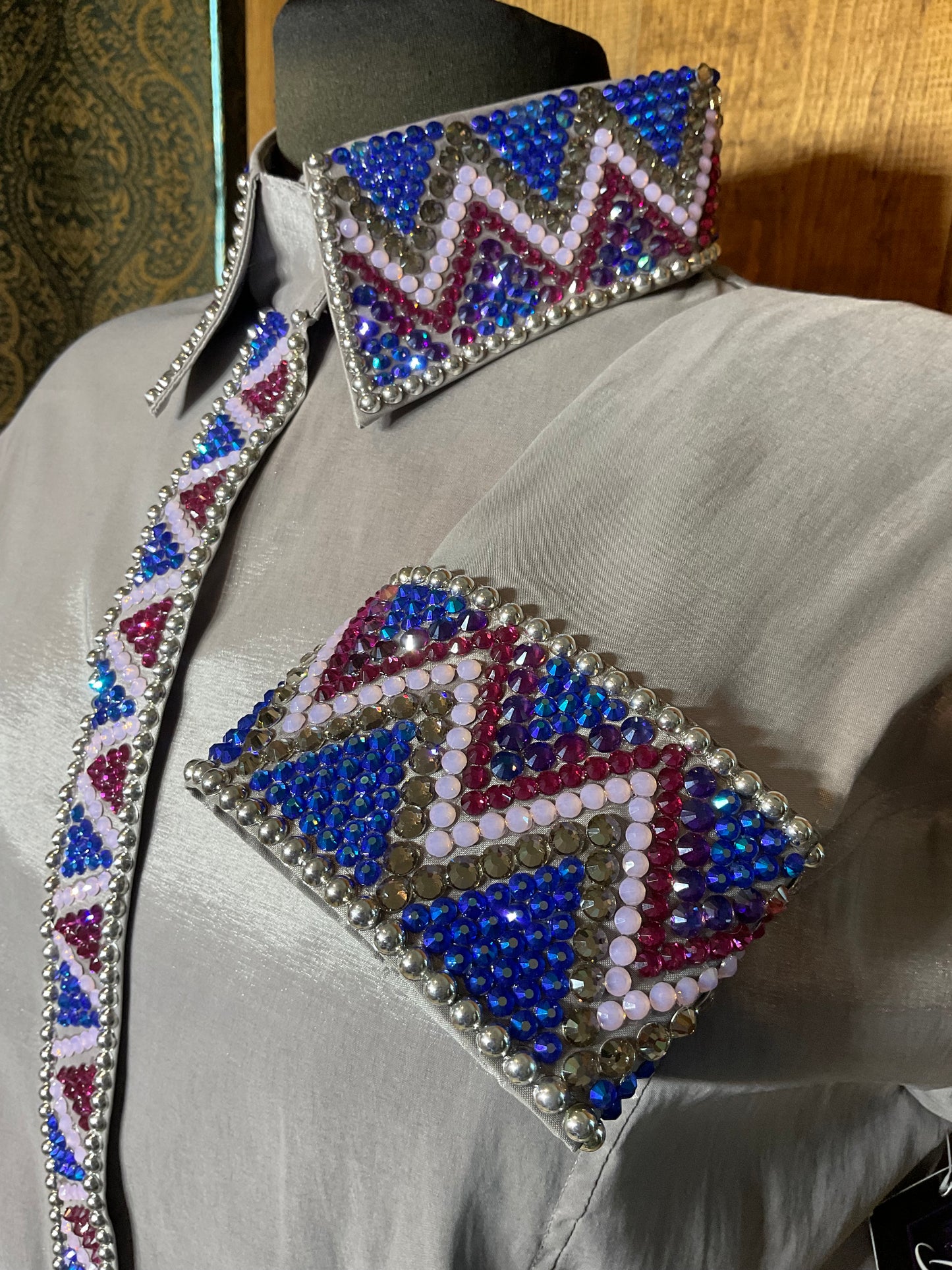 Size XXL black vest set with purples and blues. Detachable shoulder fringe and matching silver stretch taffeta day shirt