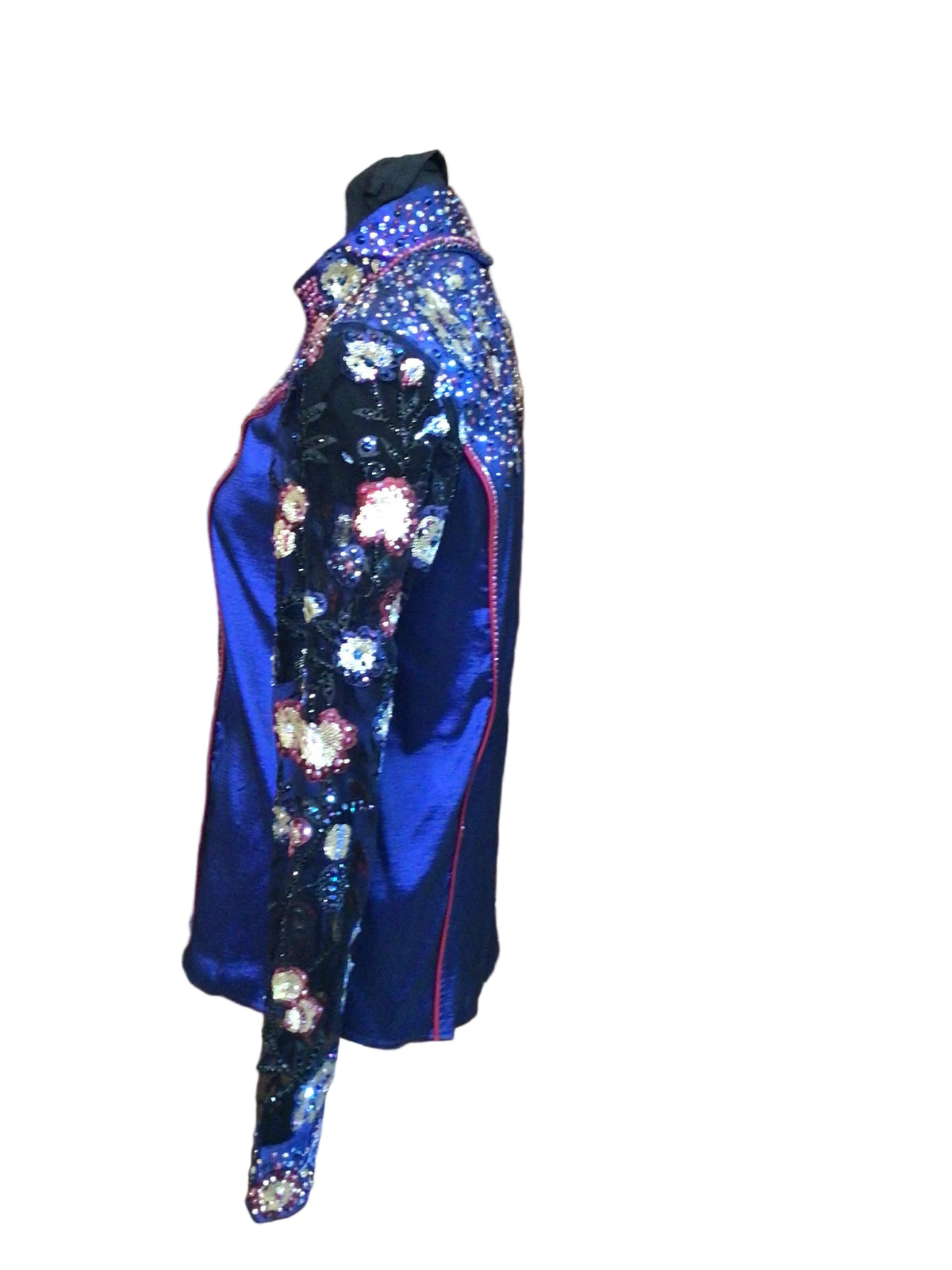 Small Navy Blue Stretch Taffeta Day Shirt with Sheer Sleeve Floral Design