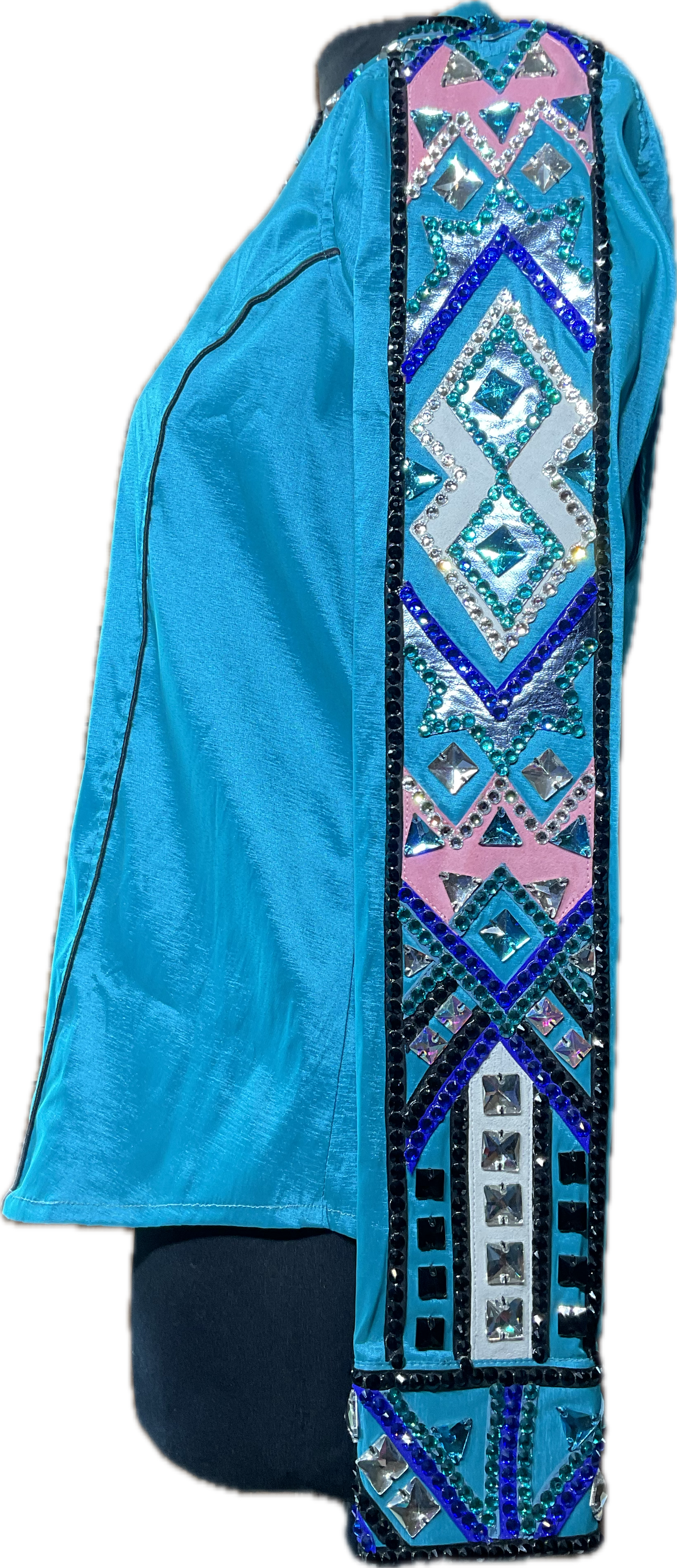 Size Large Bright Turquoise Stretch Taffeta Day Shirt With Royal Blue, Pink and Clear Accents