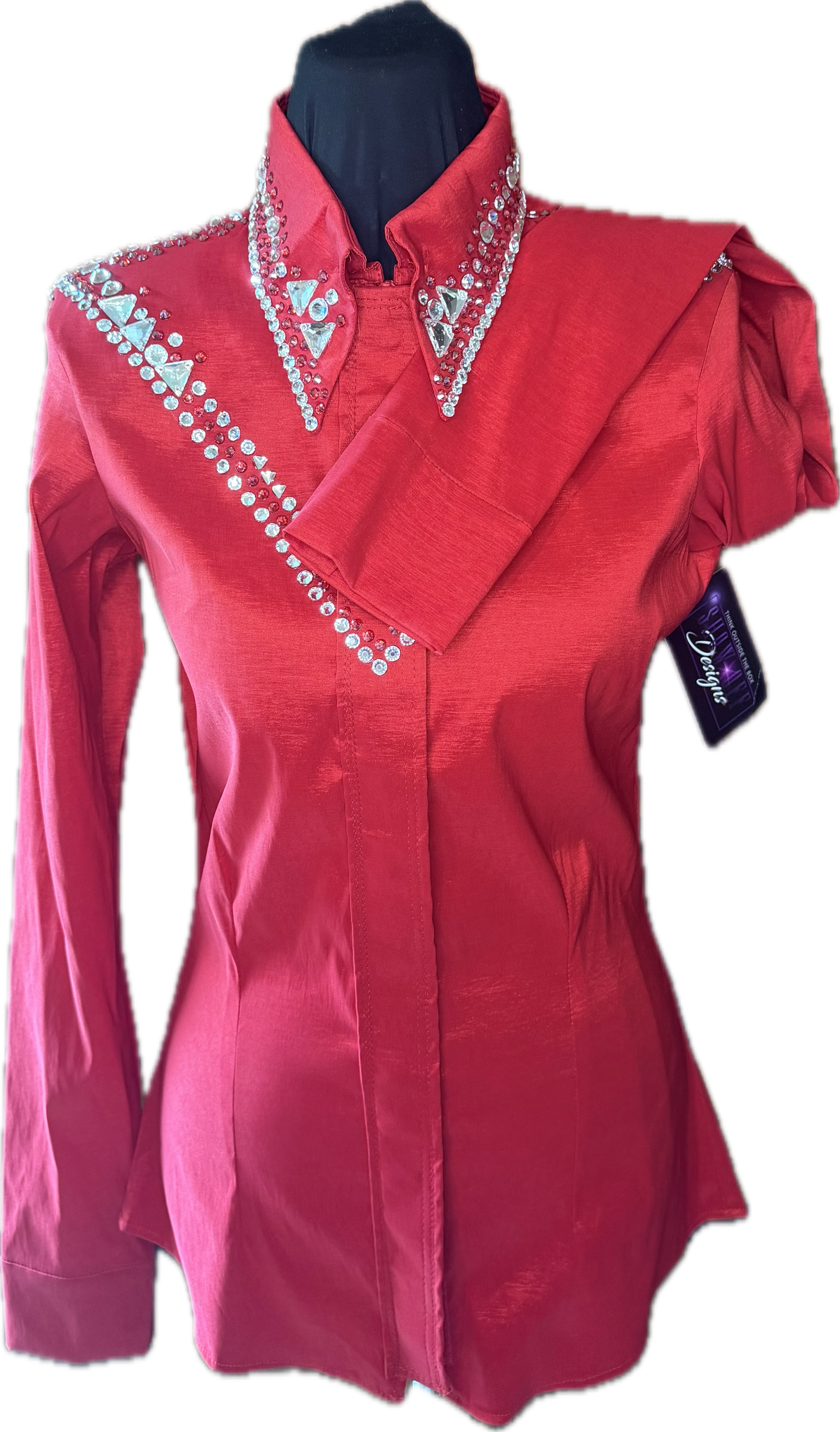 Size small day shirt Red Stretch Taffeta with Clear Retro Crystal Design