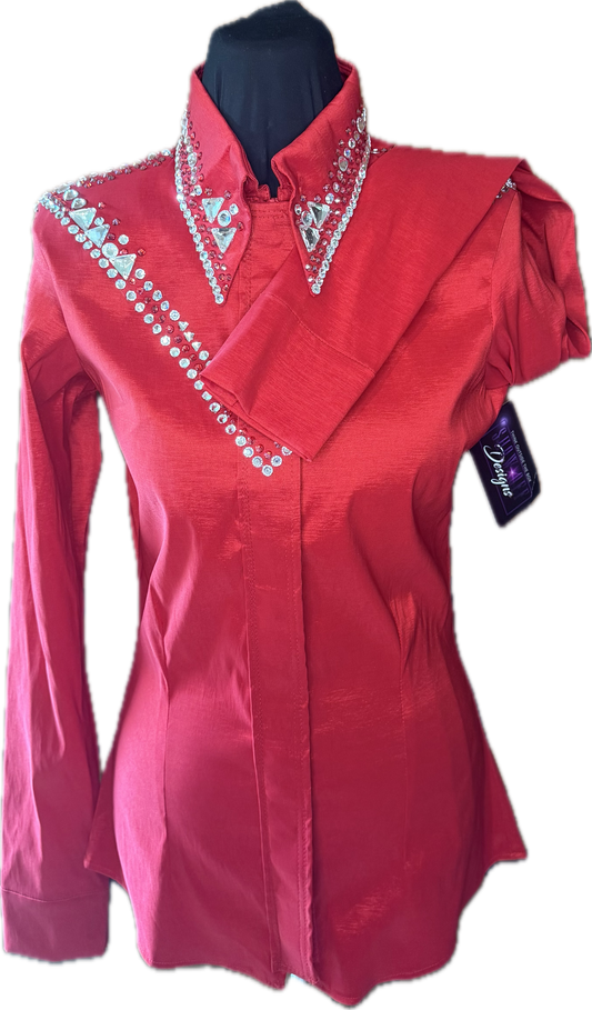 Size small day shirt Red Stretch Taffeta with Clear Retro Crystal Design